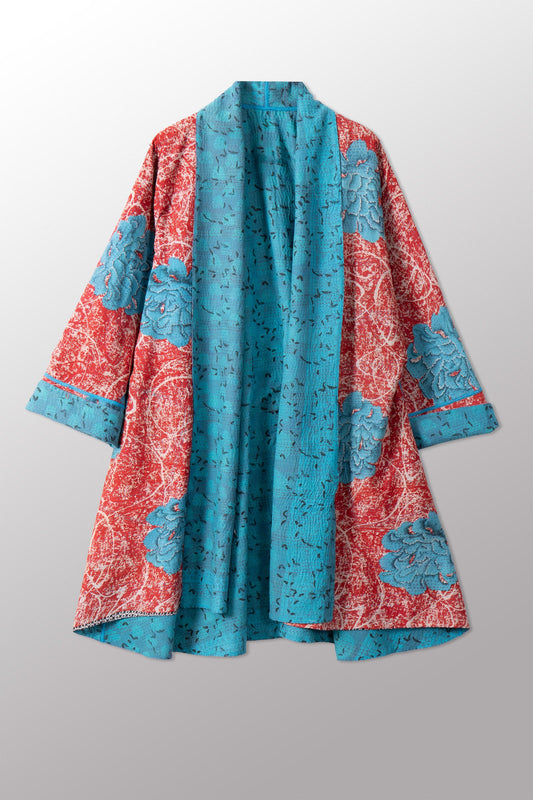 VINTAGE SILK GEORGETTE COTTON KANTHA KIMONO LONG JKT - gc2005-0001a -