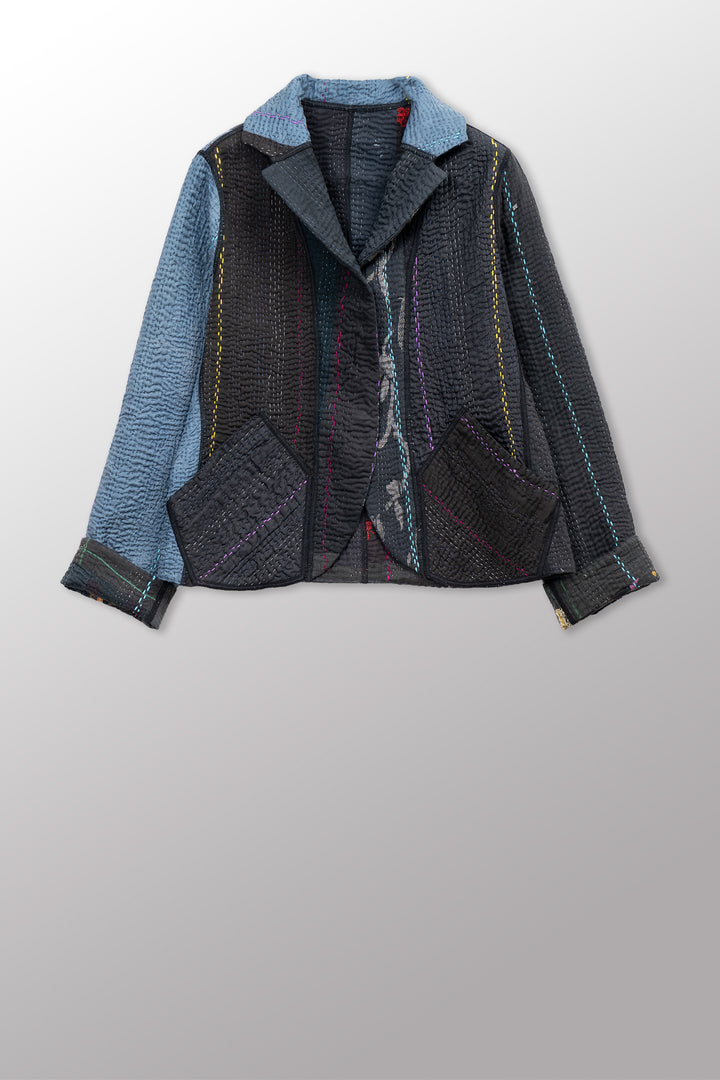 JEWEL WOVEN WITH VERTICAL PATCH KANTHA CROPPED BASIC JACKET - jv4096-blk -