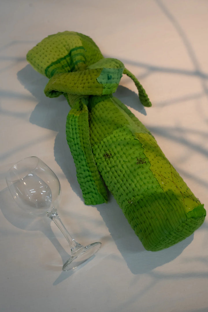 Mosaic Fray Handmade Vintage Kantha Wine Bag -Lime Green