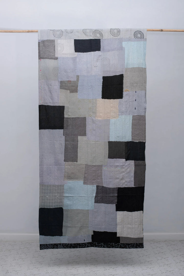 Vintage Fray Patch &amp; Ombre Kantha Curtain -Monotone
