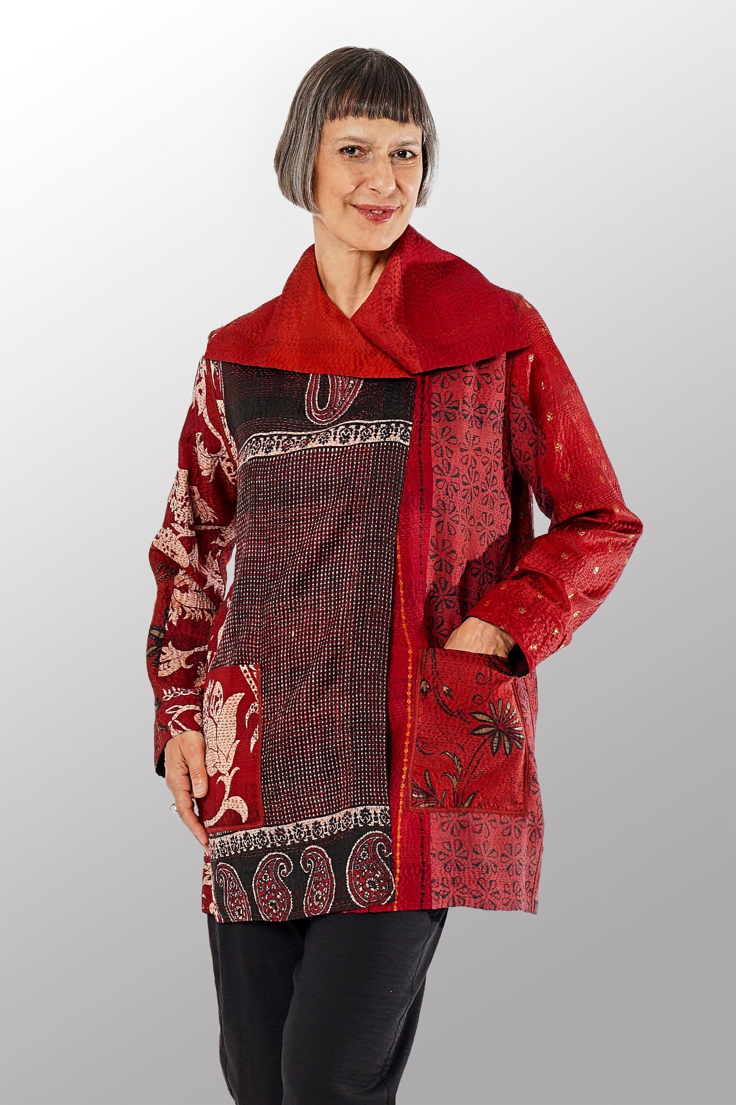 VINTAGE SILK PATCH KANTHA POCKET JKT - vp2002-red -
