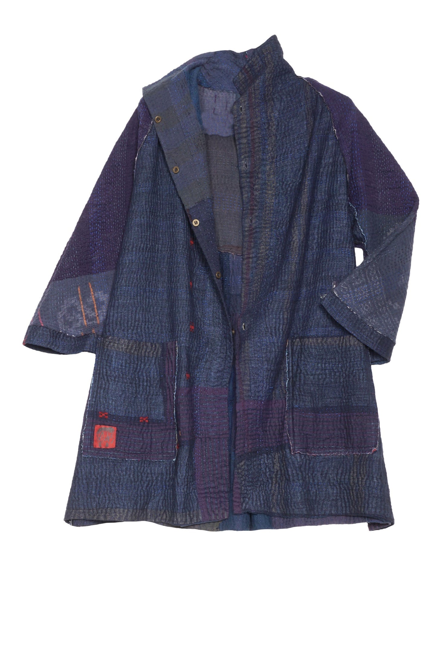 INDIGO WHITE FRAYED PATCH KANTHA BACK TUCKED TUNIC - iw4513-nvy -