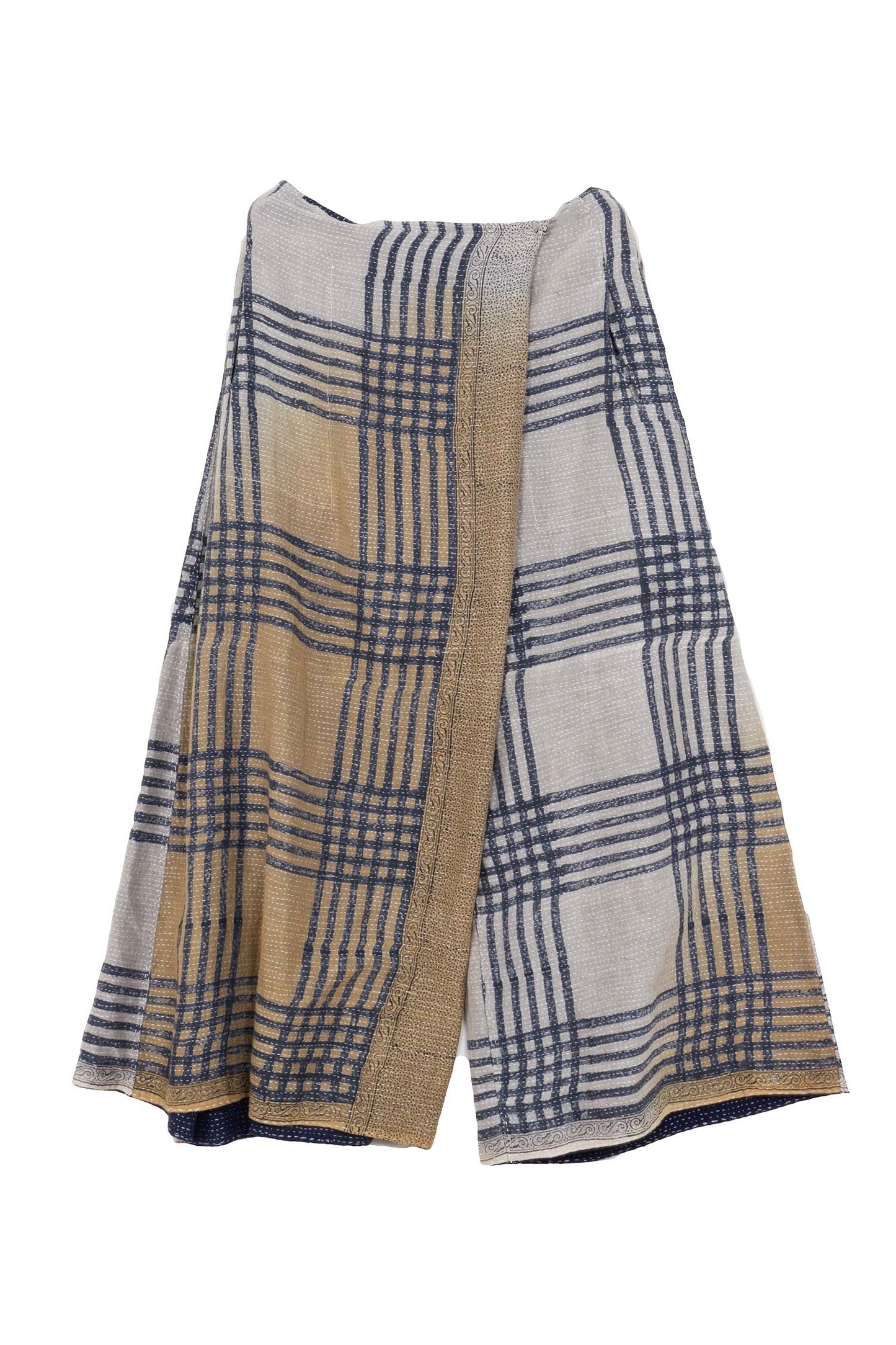 INDONESIAN PRINT VINTAGE INDIGO BACKING KANTHA FRONT WRAP PANTS - bi2631-blu -