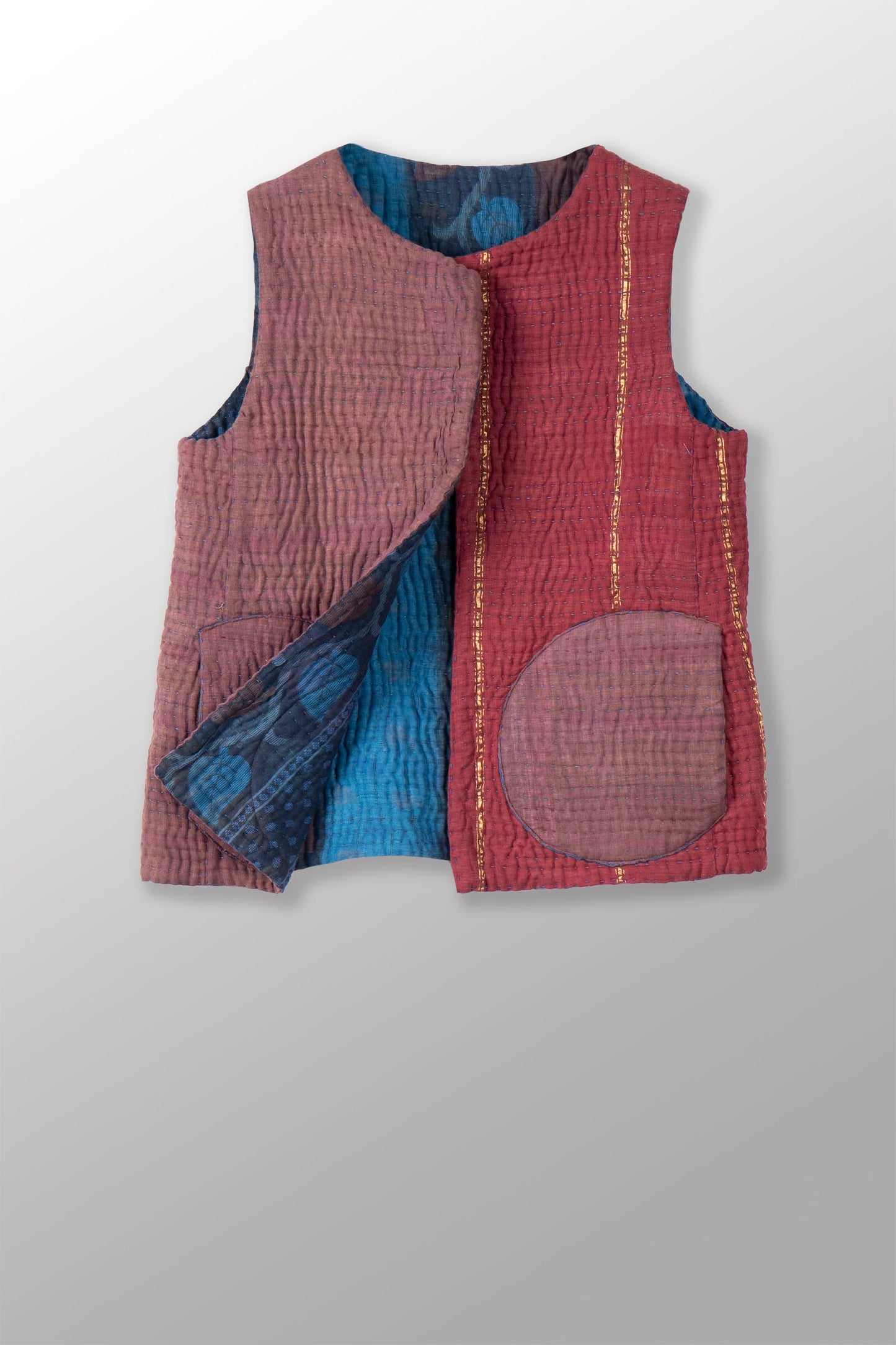 QUILTED OVERDYE RED COTTON KANTHA CREW NECK FITTED VEST - oq5228-cblu003s -