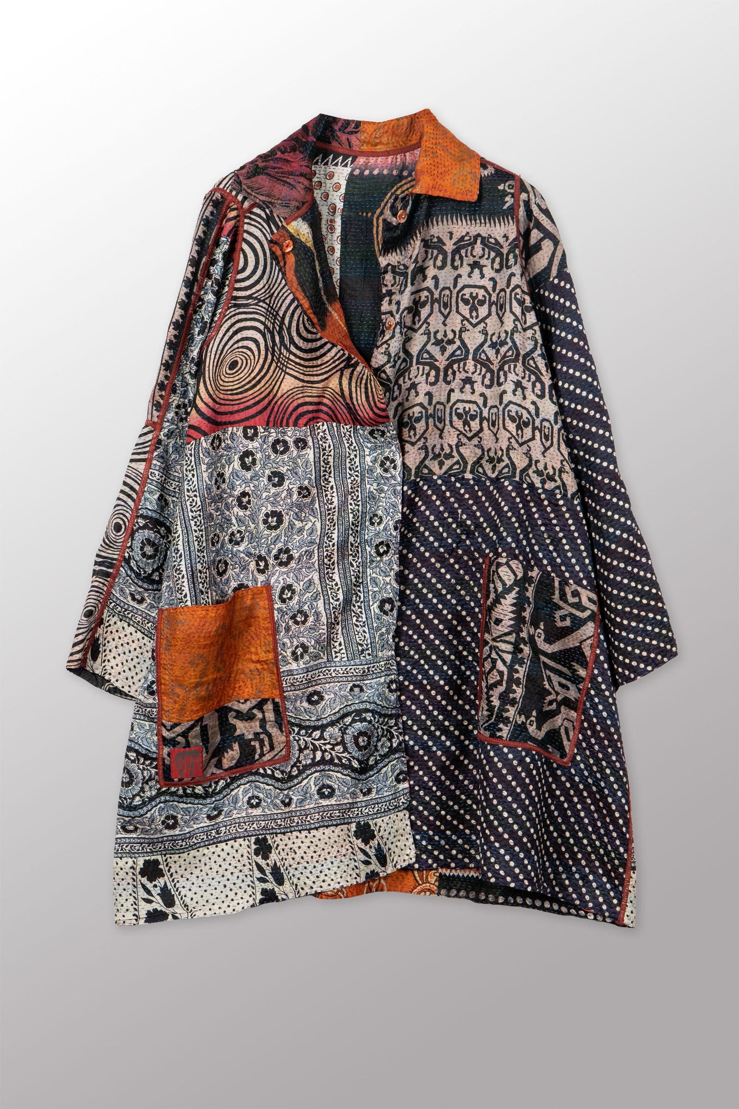 VINTAGE SILK KANTHA A-LINE DUSTER - sv2311-0013a -