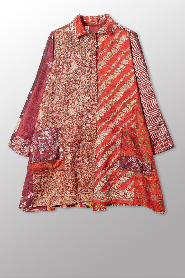 VINTAGE SILK KANTHA A-LINE DUSTER - sv2311-0014a -