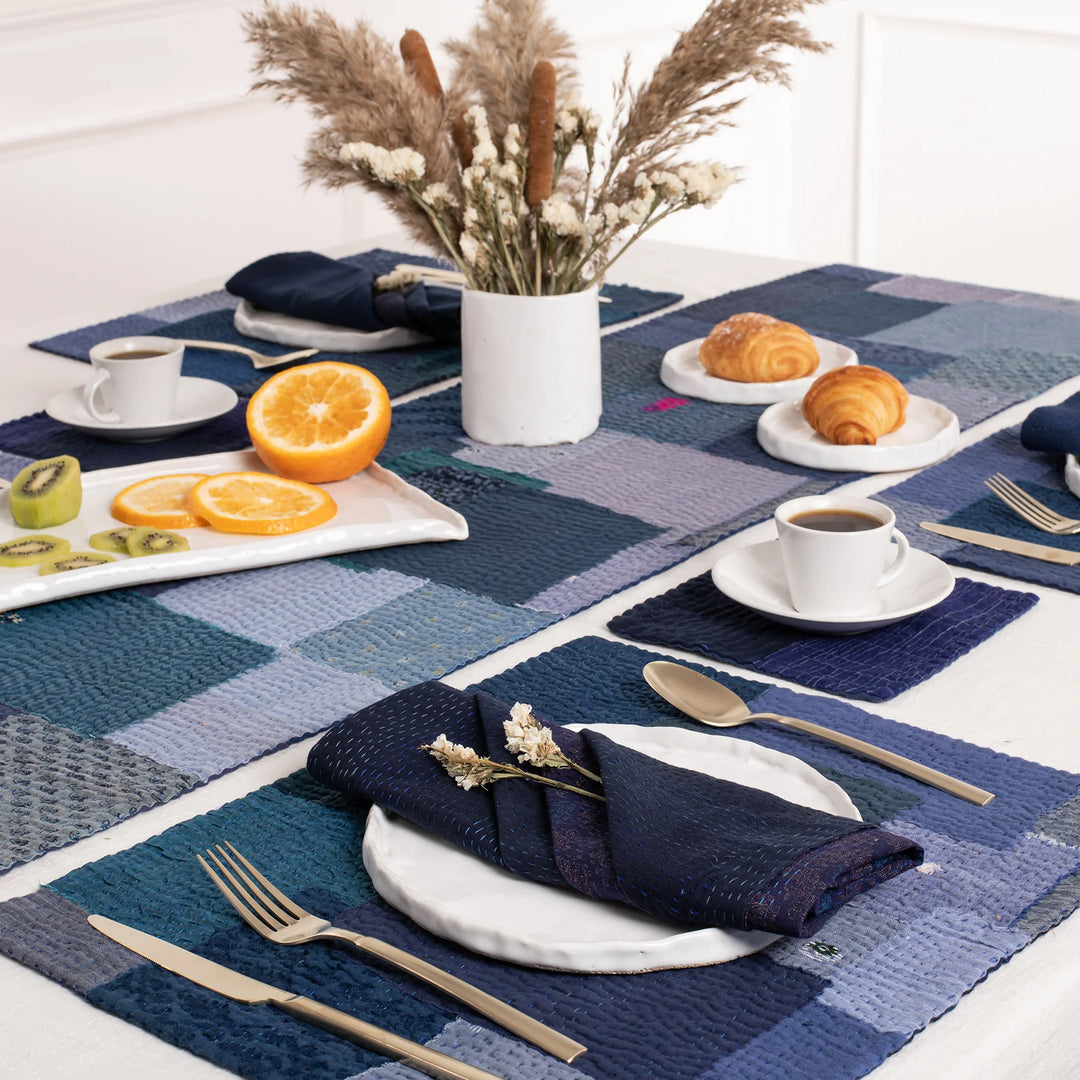 Landscape Fray Patch vintage Kantha Runner - Navy
