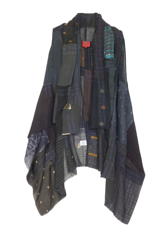 MOSAIC TILE PATCH KANTHA SHAWL VEST - mt1219-blk -