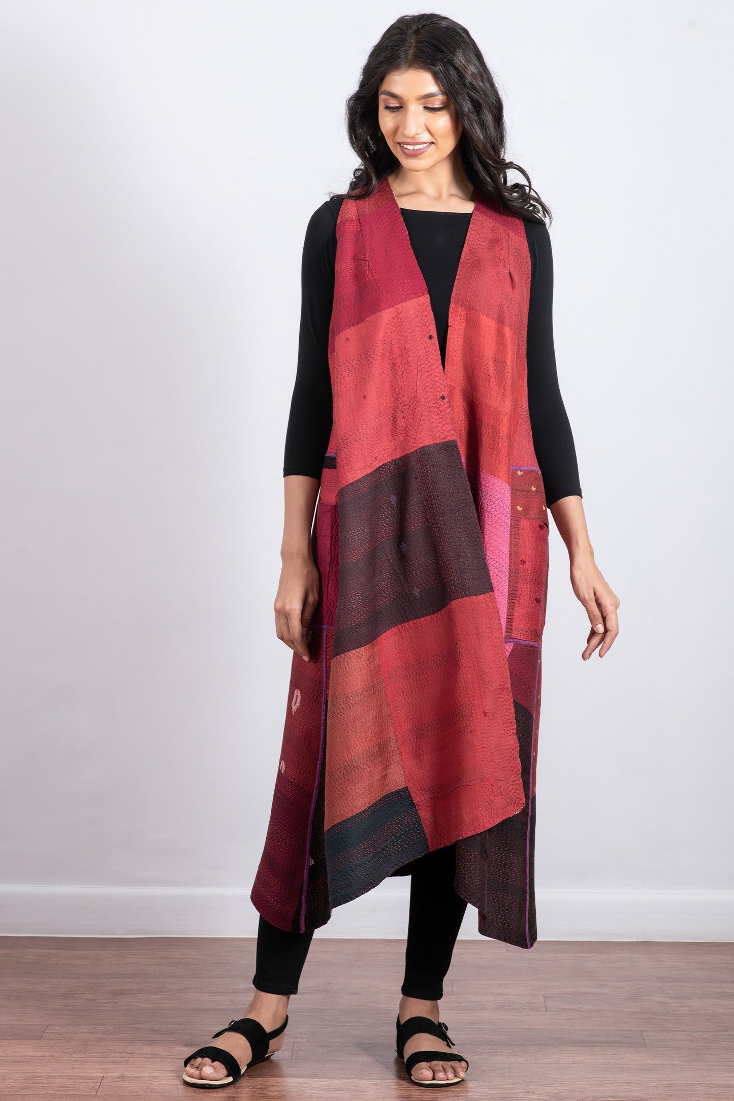 VINTAGE SILK PATCH KANTHA  BACK PLEATED VEST MAXI - vp2222-red -