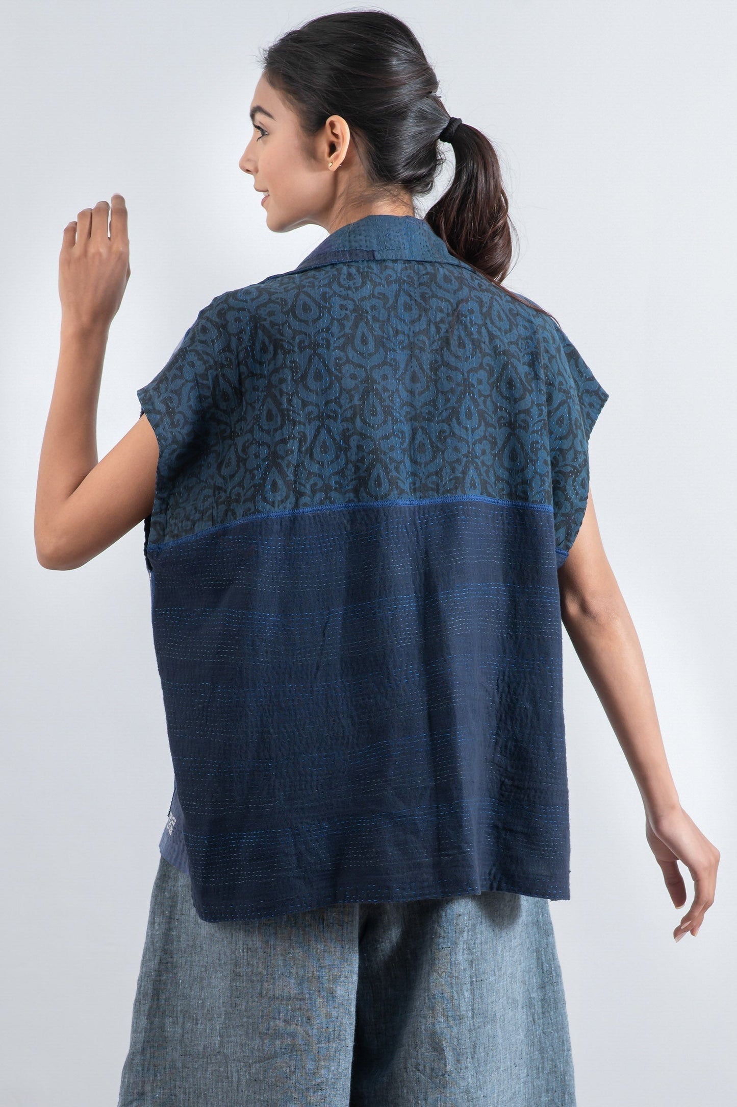 FRAYED PATCH KANTHA CAP SLV. SHIRT - fi2530-nvy -
