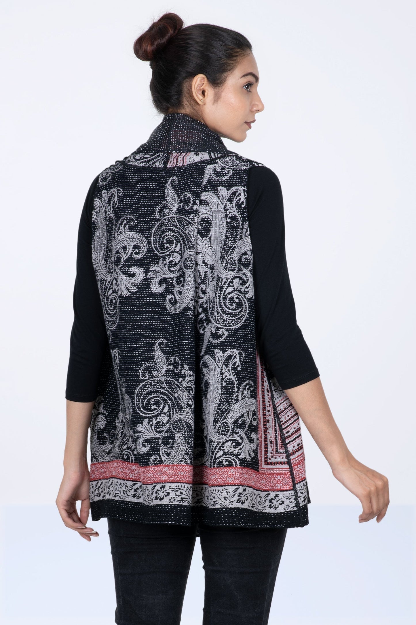 COTTON PAISLEY KANTHA SHAWL COLLAR SHORT VEST - cp2236-blk -