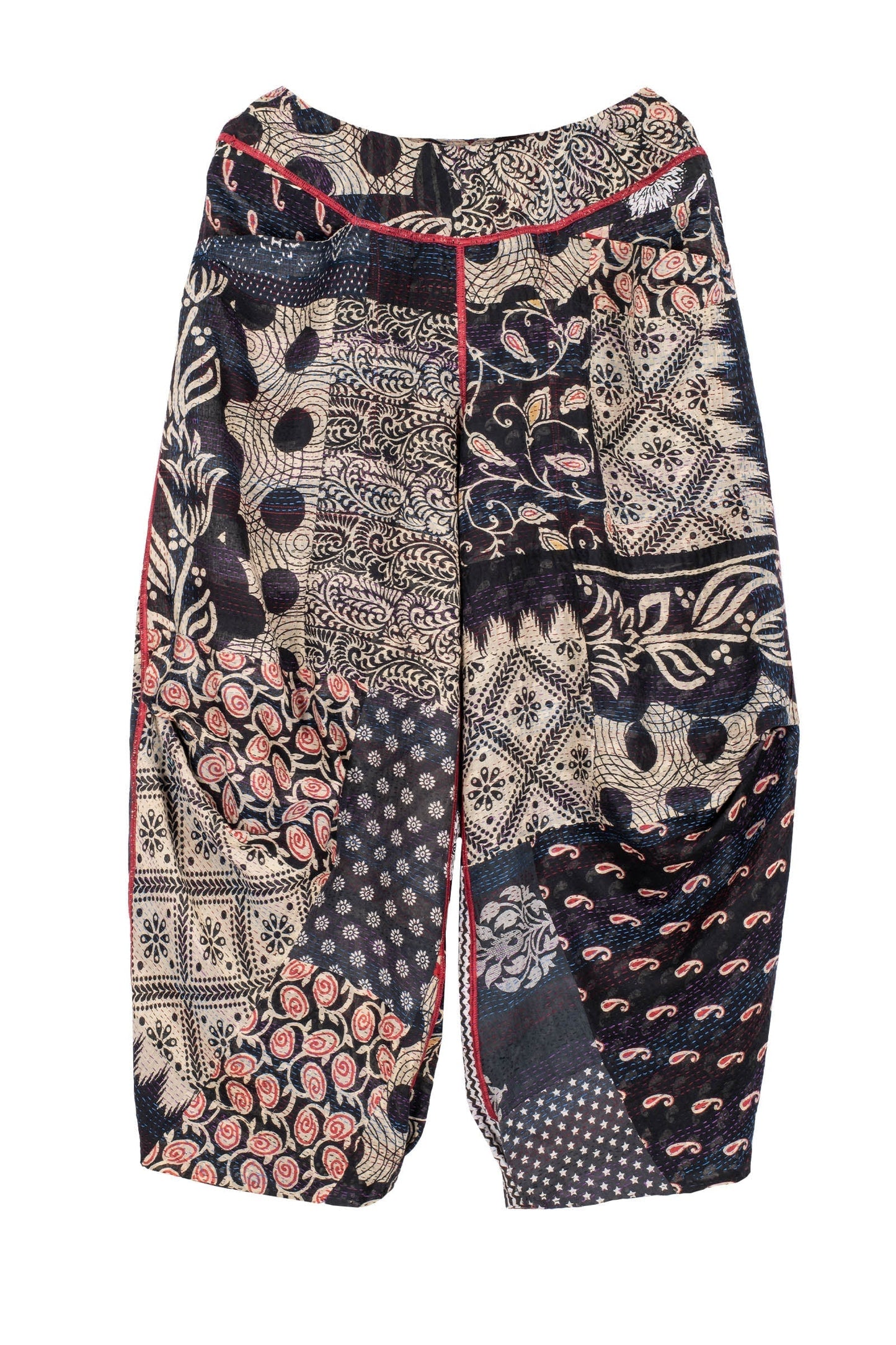 PATCHED PRINT KANTHA KNEE TUCKED PANTS - pp2625-blk -