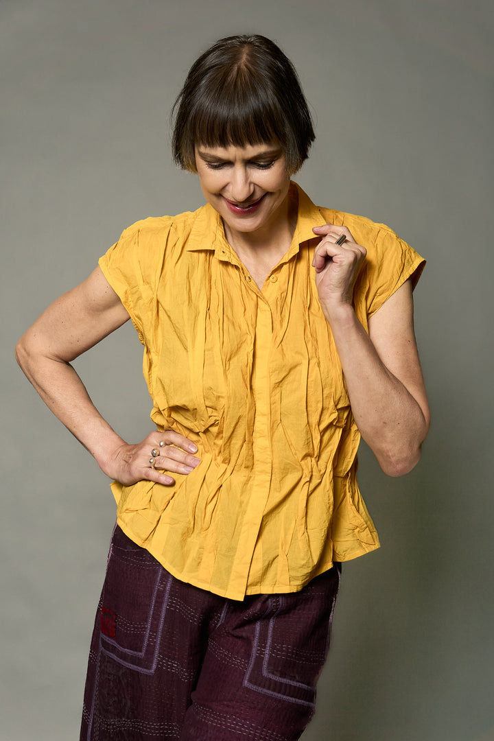 POLISHED COTTON WAVY FRENCH SLEEVE SHIRT - wl1569-ylw -