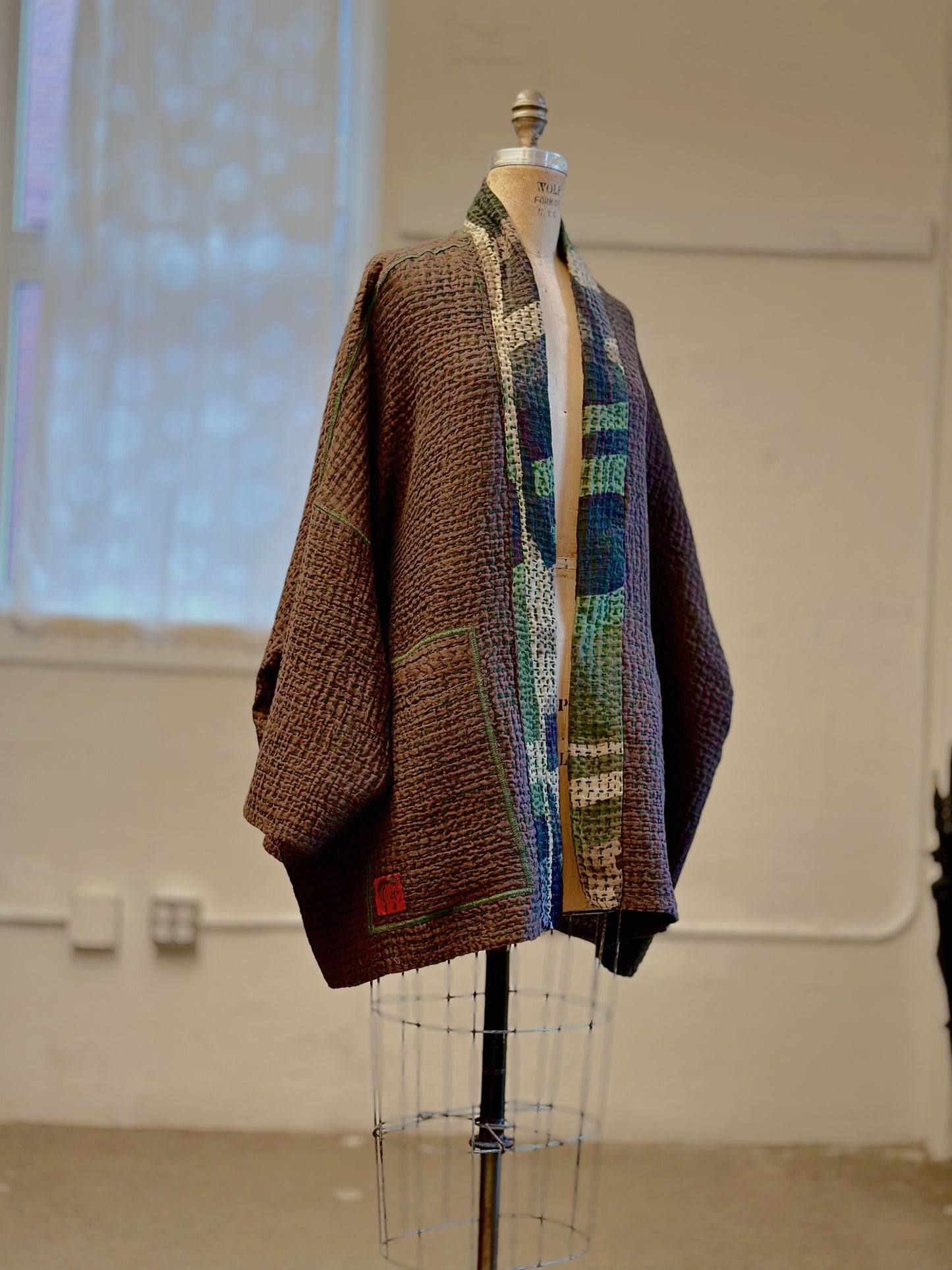 ABSTRACT WAFFLE KANTHA KIMONO WRAP SHORT - bw3358-grn -