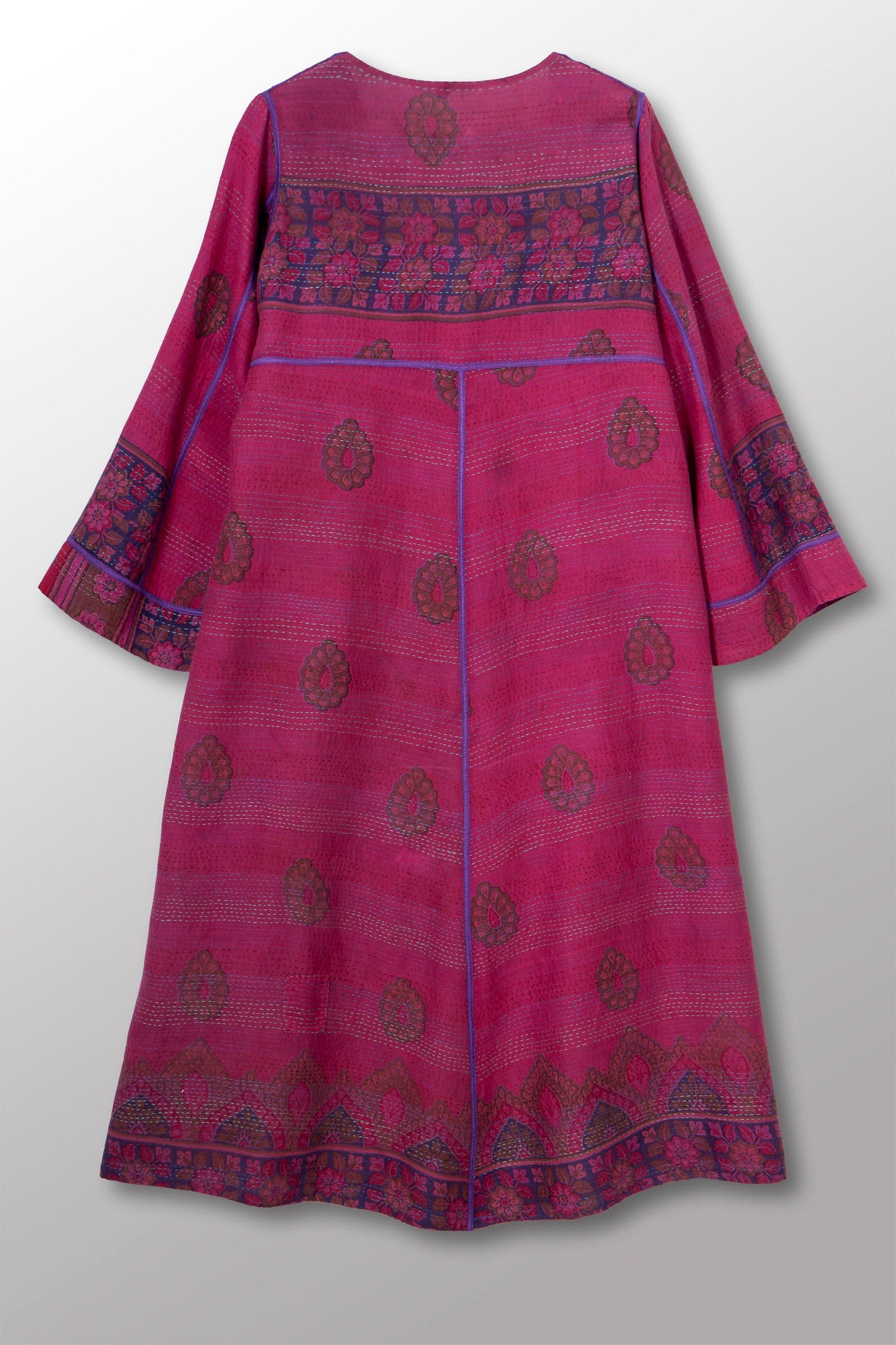 VINTAGE SILK GEORGETTE COTTON KANTHA WRAP FLARE COAT - gc2330-0002a -