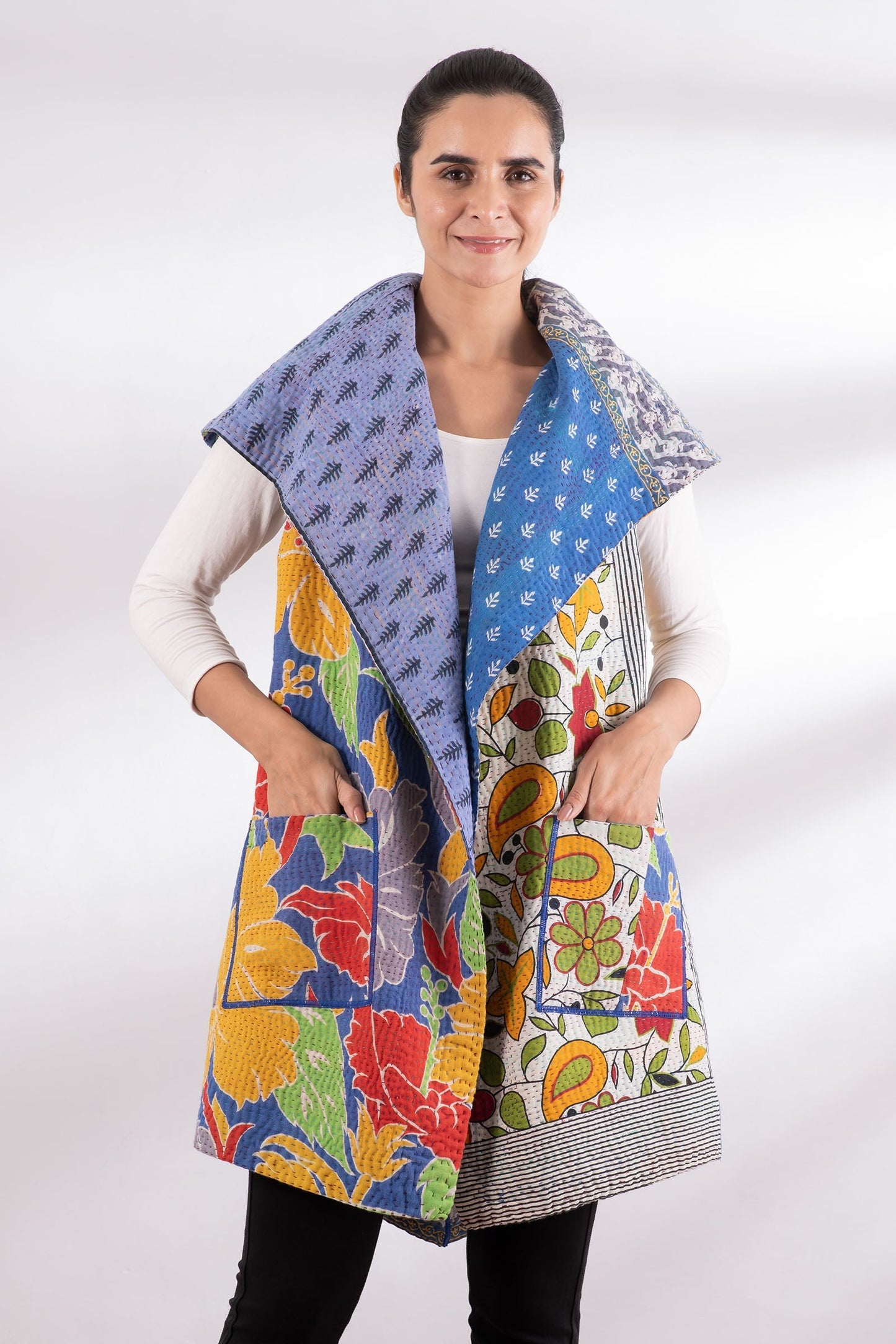 VINTAGE COTTON KANTHA CIRCULAR VEST - cv4201-0042a -