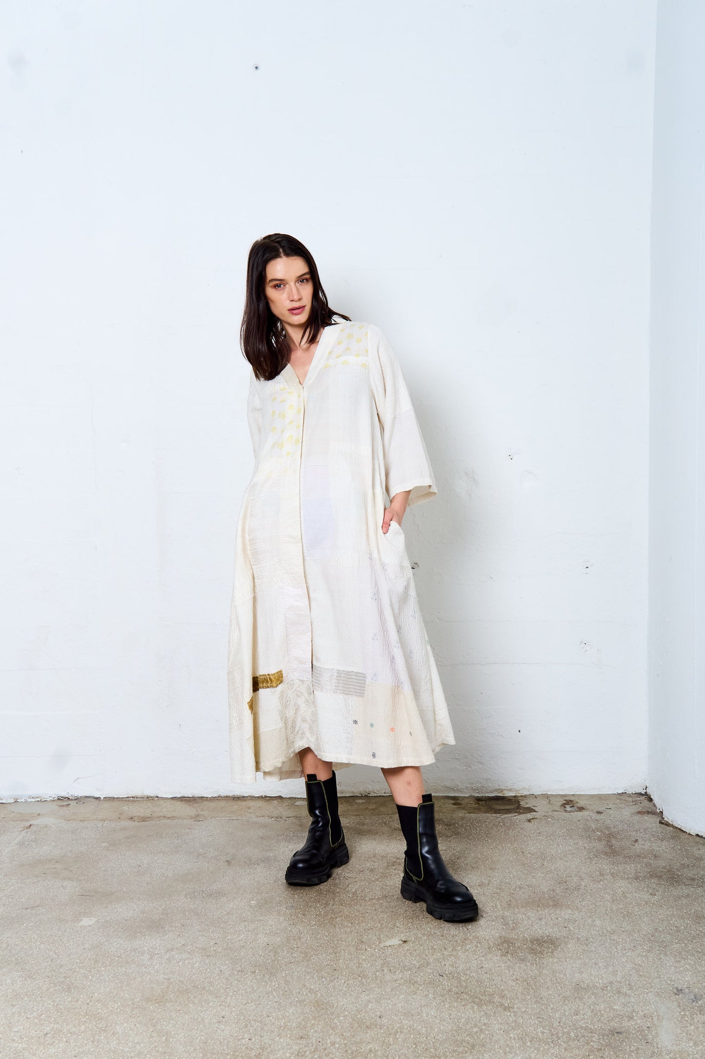 FRAYED PATCH KANTHA V-NECK FLARE SLEEVE DRESS - fi2445-ivy -