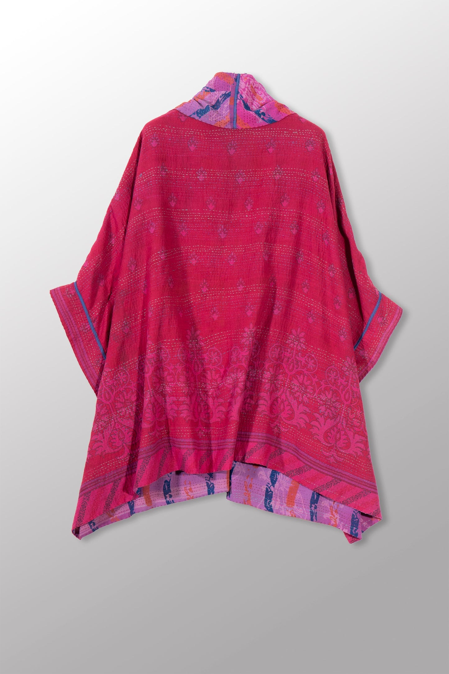 VINTAGE SILK GEORGETTE COTTON KANTHA DOUBLE COLLAR PONCHO - gc2323-0001a -