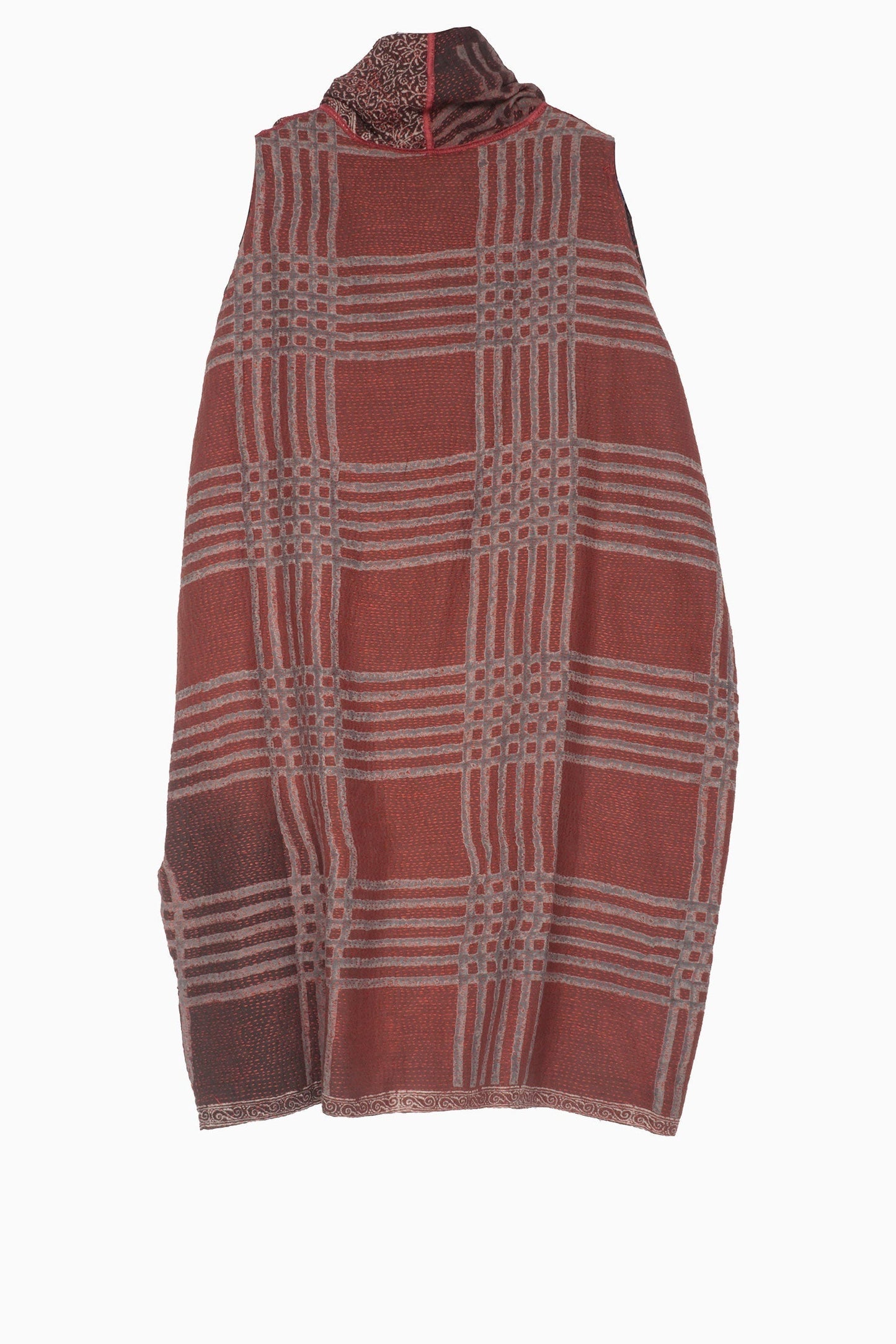 INDONESIAN PRINT & BORDER SHIBORI KANTHA DRAPED NECK TUNIC - ib2540-red -