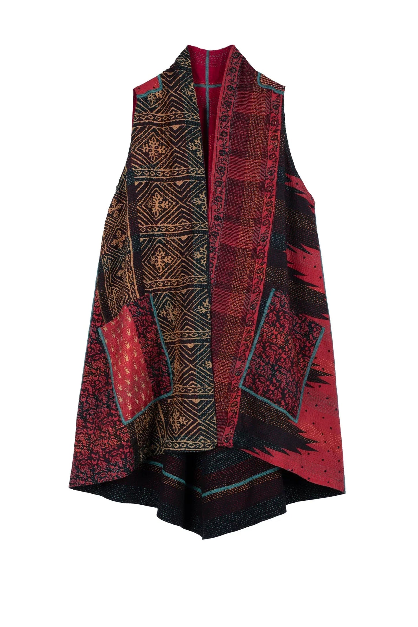 SILK COTTON OMBRE PRINT KANTHA A-LINE VEST - os2203-red -