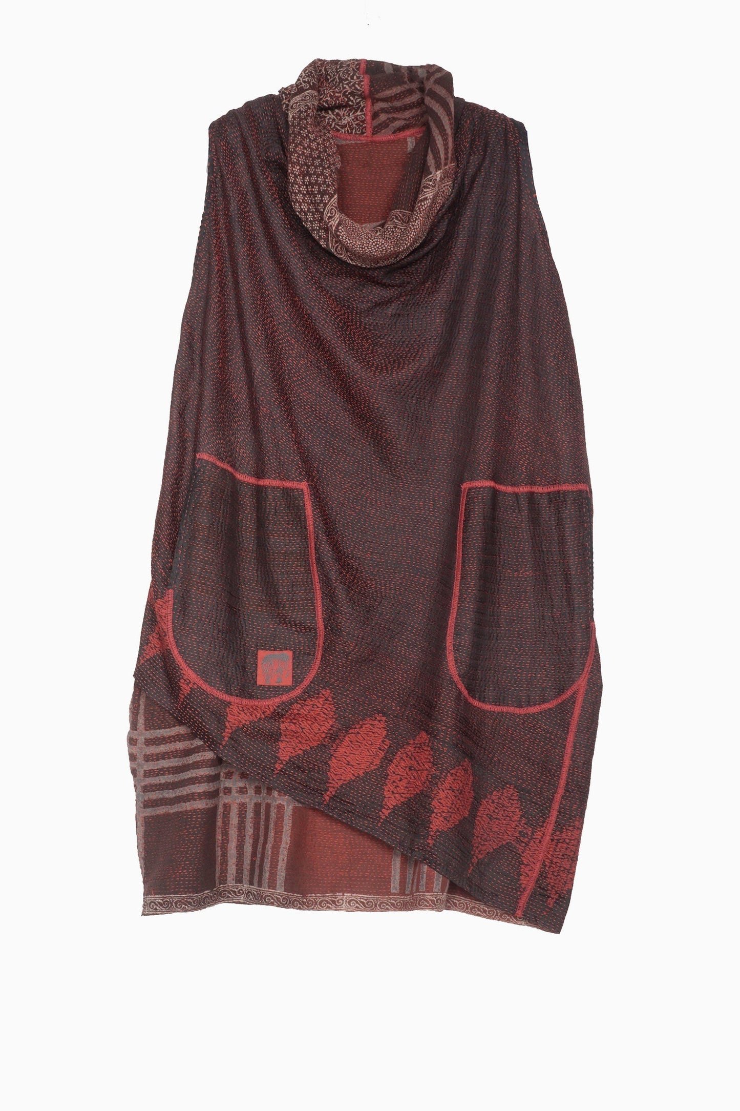 INDONESIAN PRINT & BORDER SHIBORI KANTHA DRAPED NECK TUNIC - ib2540-red -