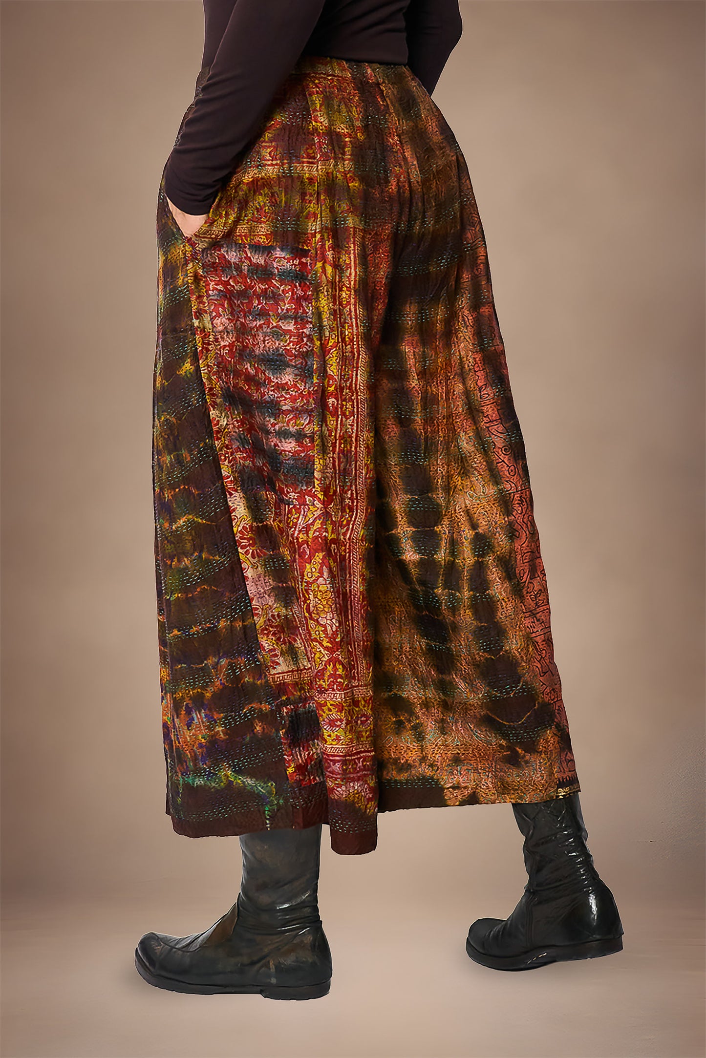 TIE DYE VINTAGE SILK KANTHA WIDE LEG LANTERN PANTS - st-sv2646-brn -