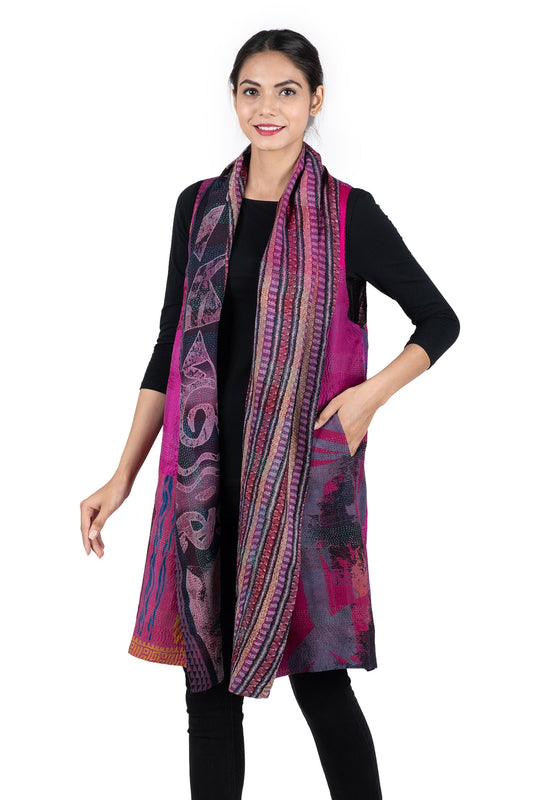 GEORGETTE VINTAGE SILK PATCH KANTHA SHAWL COLLAR VEST - gs2235-pik -