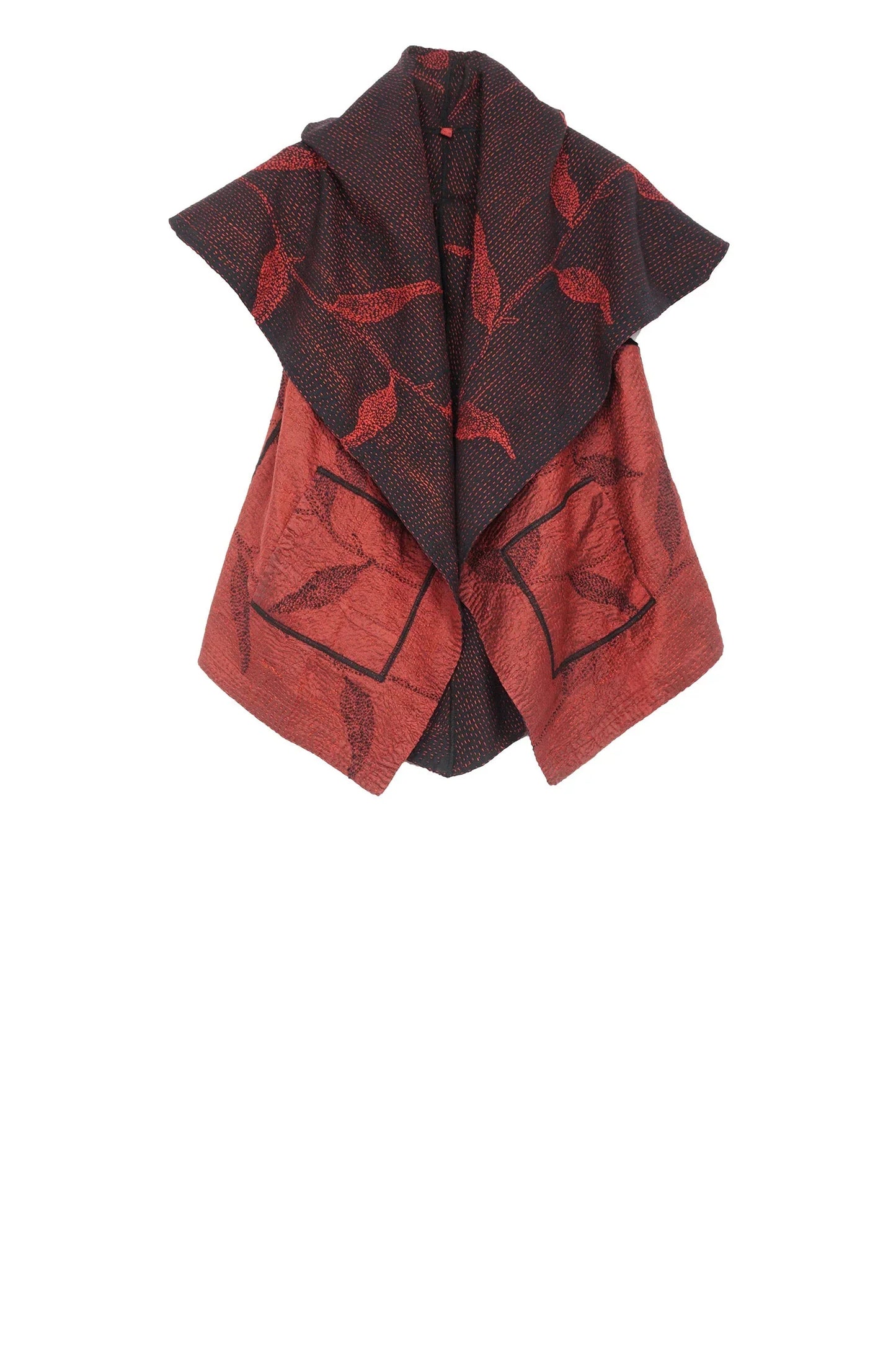 NIGHT BAMBOO SILK COTTON KANTHA CIRCULAR SHORT VEST - nb2202-red -