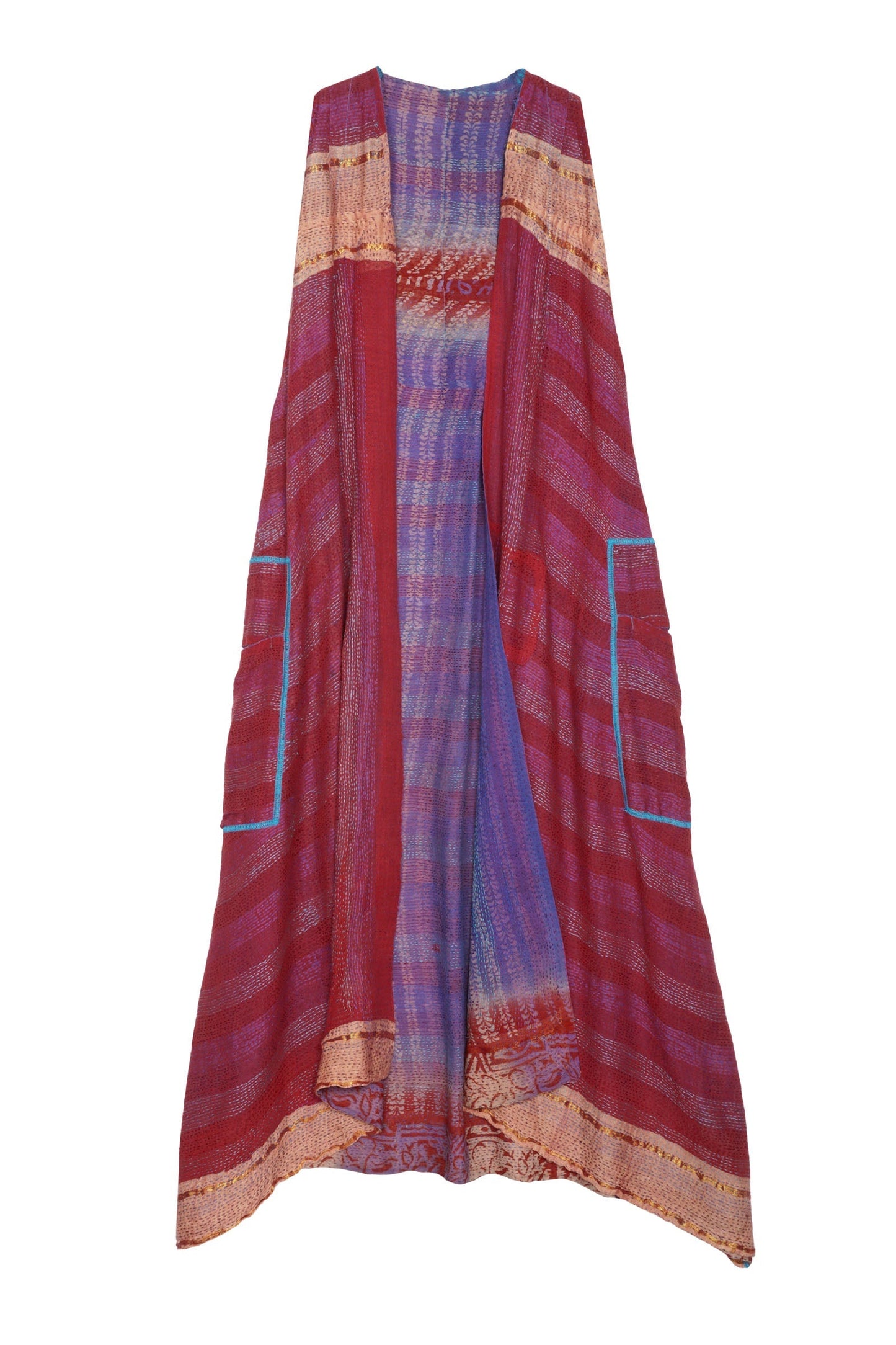VINTAGE SILK GEORGETTE COTTON KANTHA BACK PLEATED VEST MAXI - gc2222-9002a -