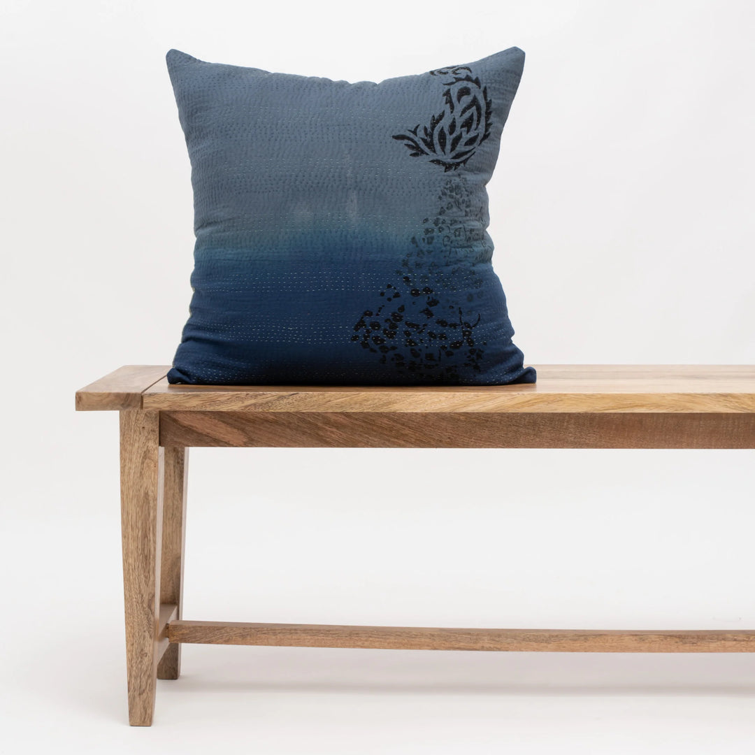 Cotton Ombre Handmade Vintage Kantha Pillow - Indigo