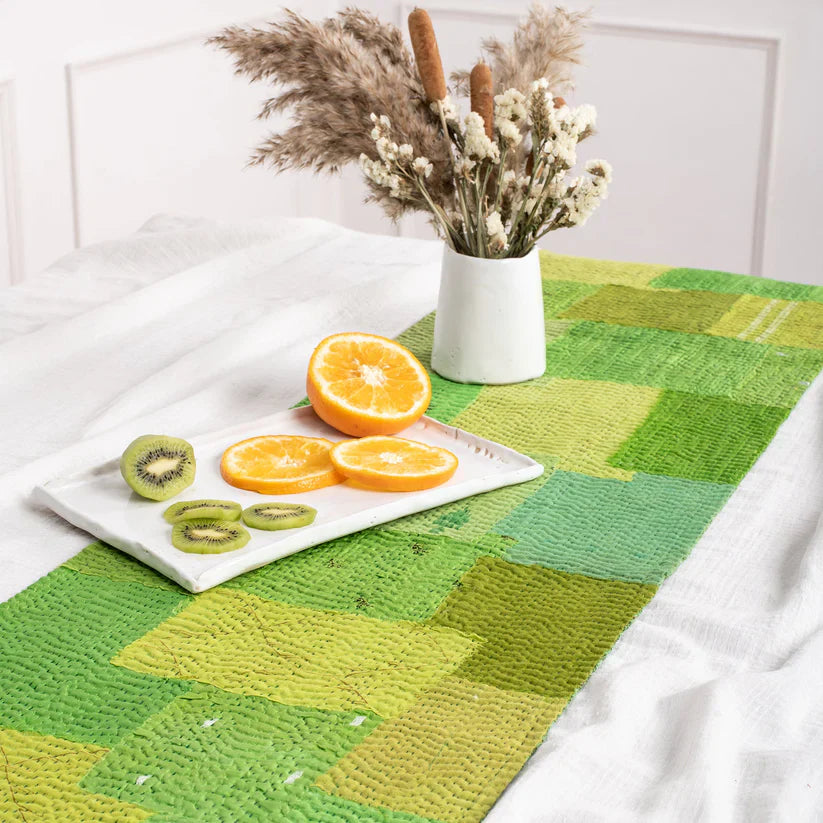 Mosaic Fray Patch Handmade Table Runner - Lime Green