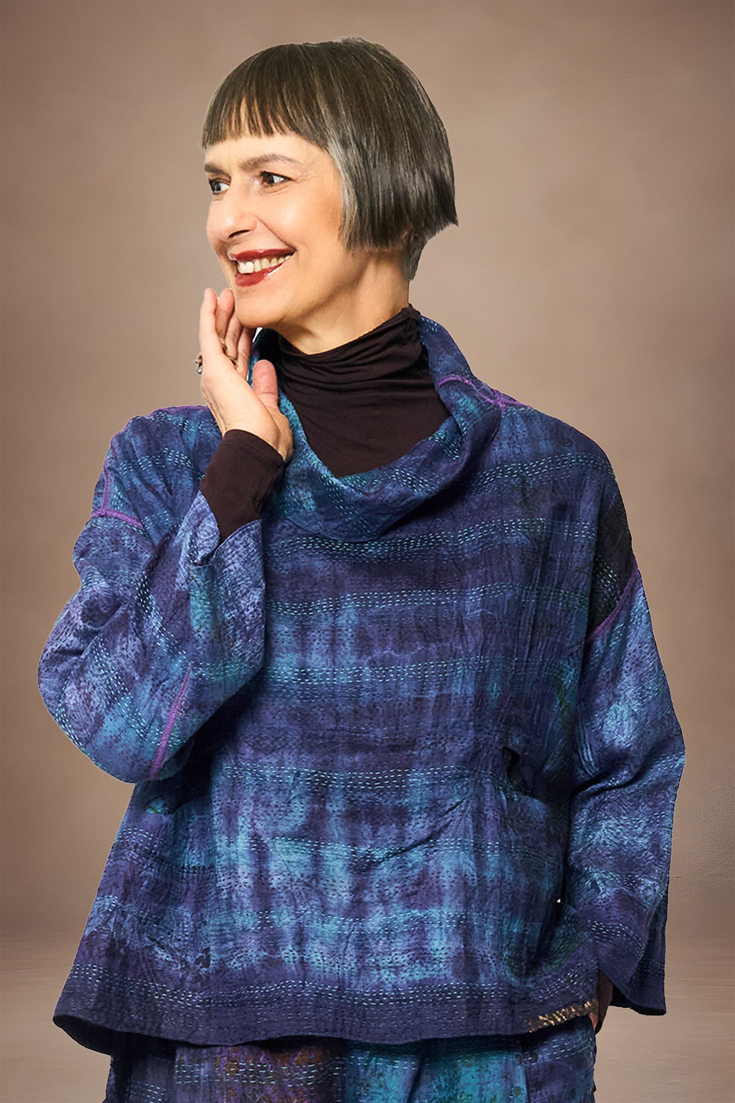 TIE DYE VINTAGE SILK KANTHA COWL PULLOVER - st-sv2547-nvy -