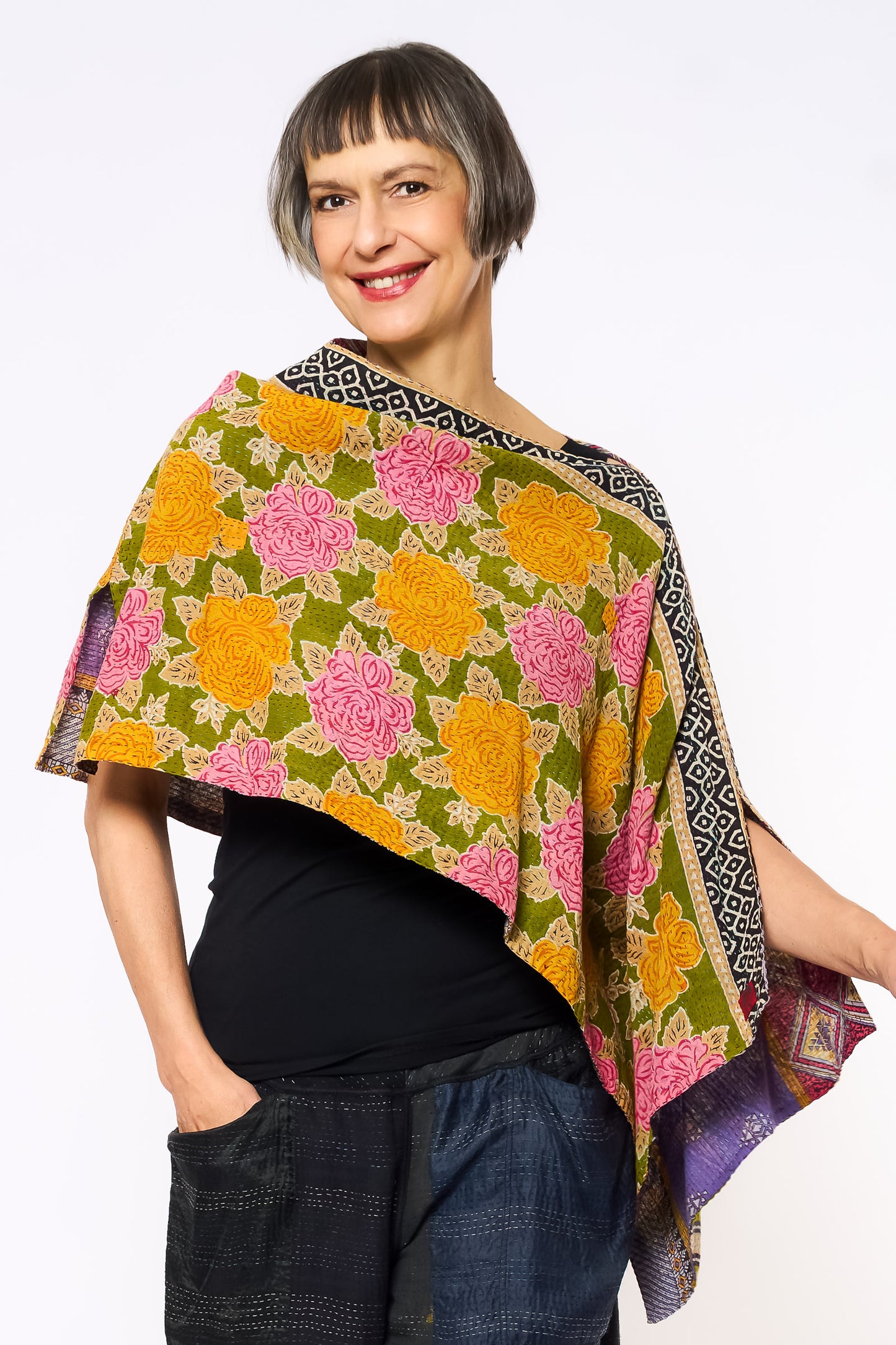 VINTAGE COTTON KANTHA CAPE - cv2806-mlt -