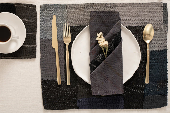 Landscape Fray Handmade vintage Kantha Placemat - Black (Set of 2)