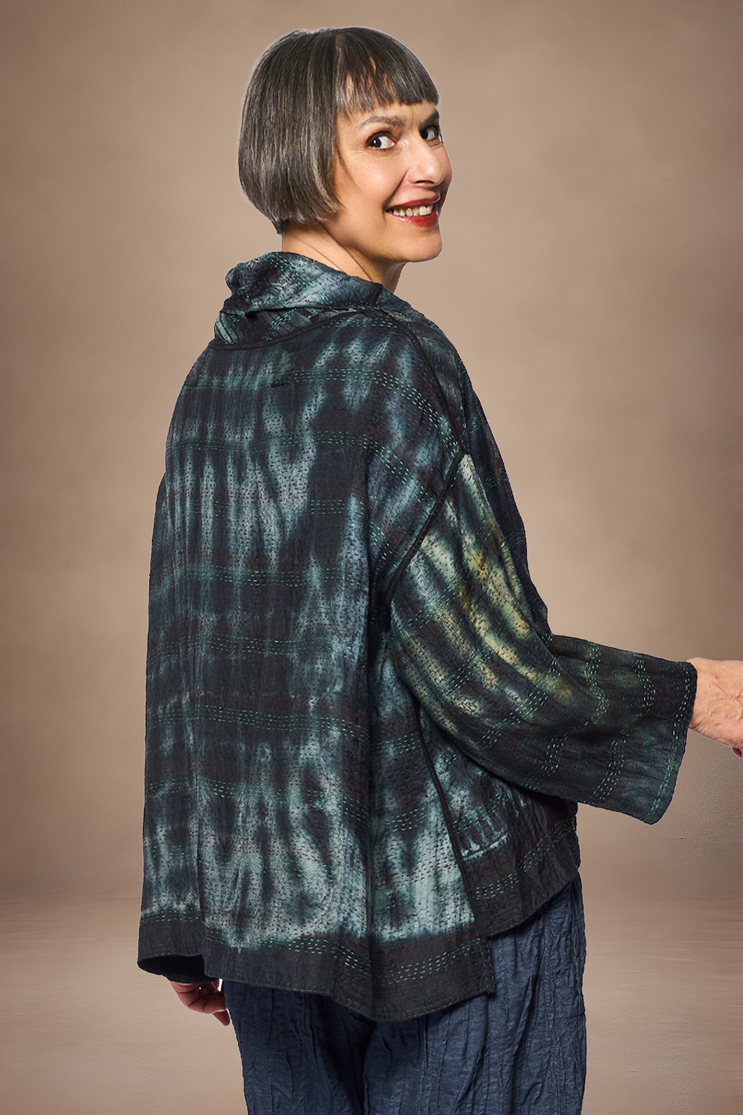 TIE DYE VINTAGE SILK KANTHA COWL PULLOVER - st-sv2547-blk -