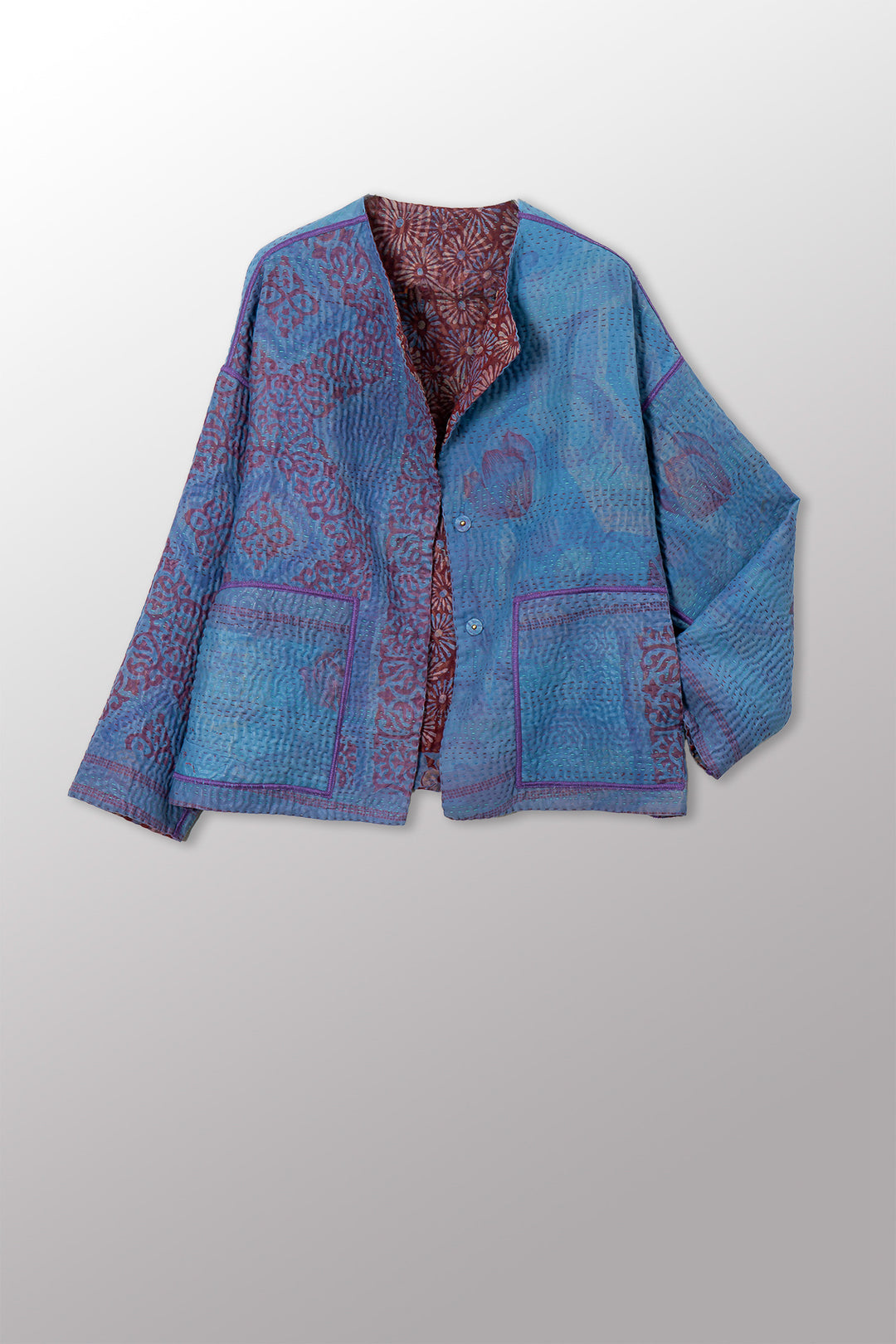 VINTAGE SILK GEORGETTE COTTON KANTHA CREW NECK SHORT JACKET - gc4053-0001a -