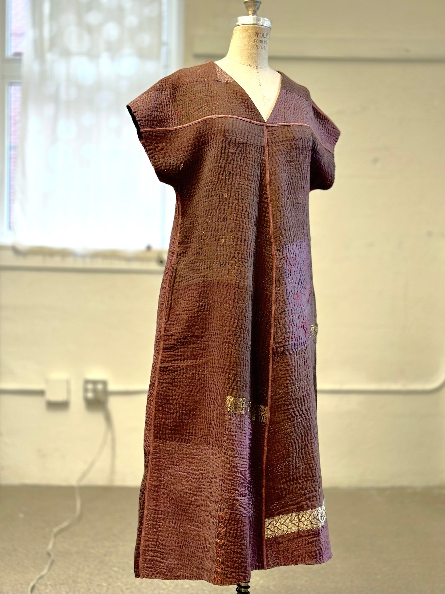 COTTON SILK SW PATCH KANTHA SEMI BIAS V-NECK DRESS (470) - ws4470-brn -