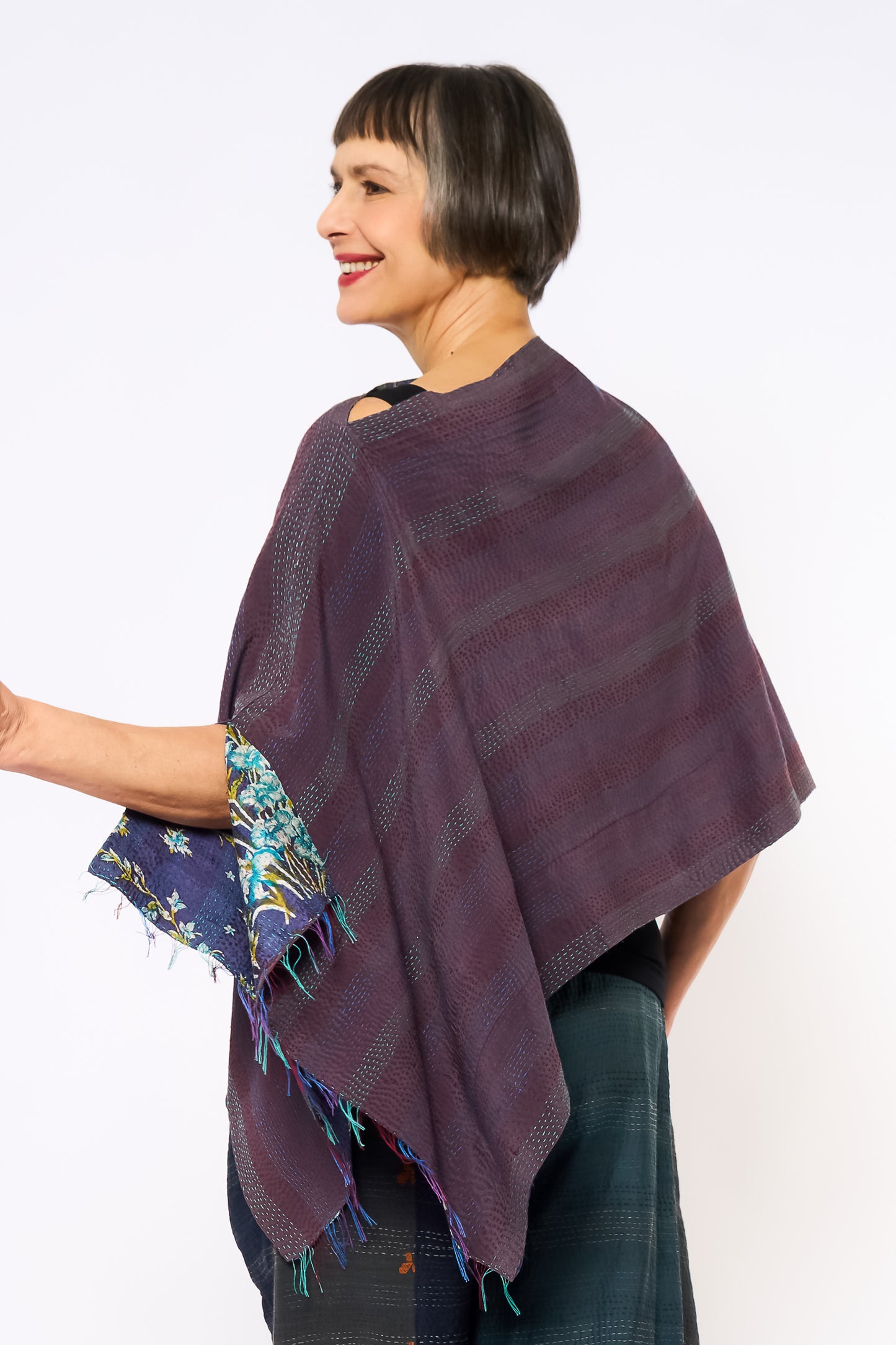 VINTAGE SILK GEORGETTE KANTHA CAPE - sg2806-mlt -