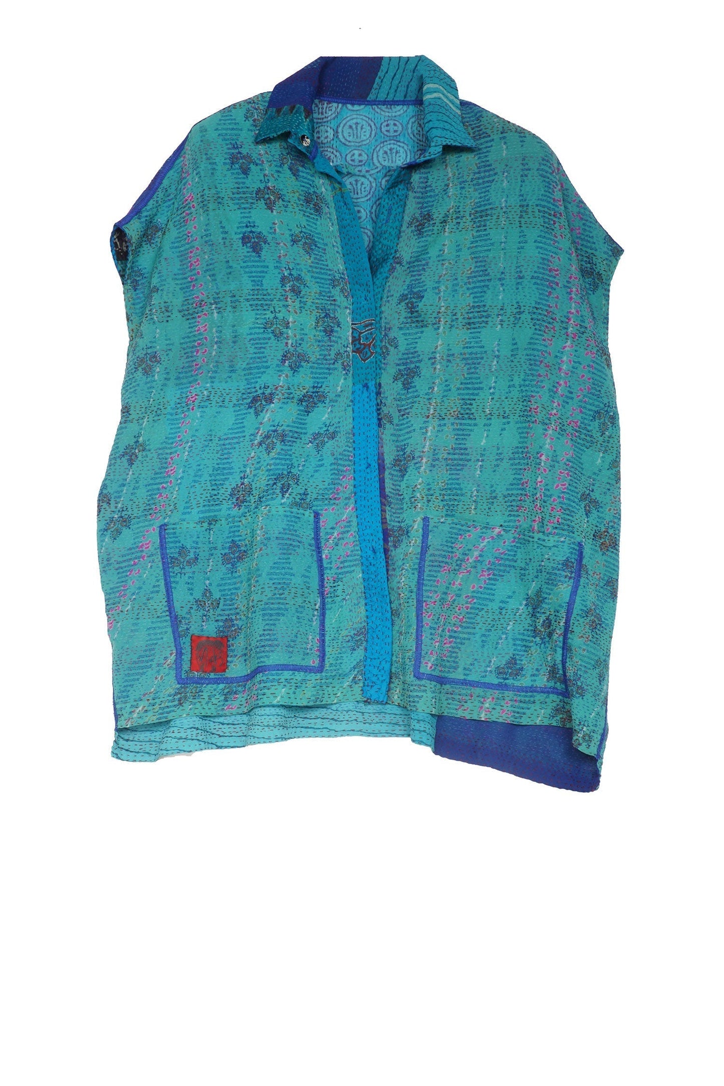 GEORGETTE VINTAGE SILK PATCH KANTHA CAP SLV. SHIRT - gs2530-blu -