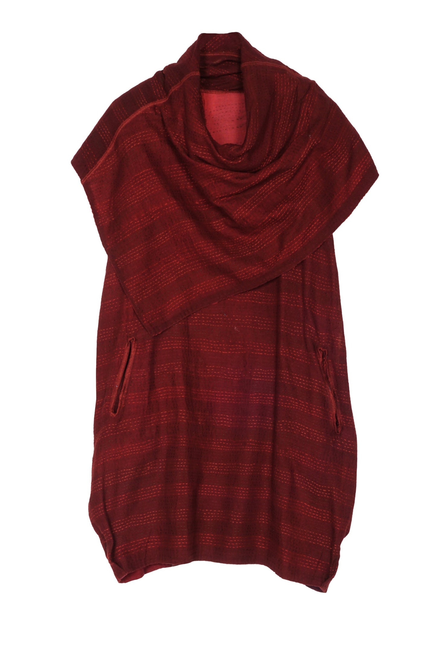 LANDSCAPE FRAYED PATCH KANTHA COWL NECK TUNIC - lf2523-red -