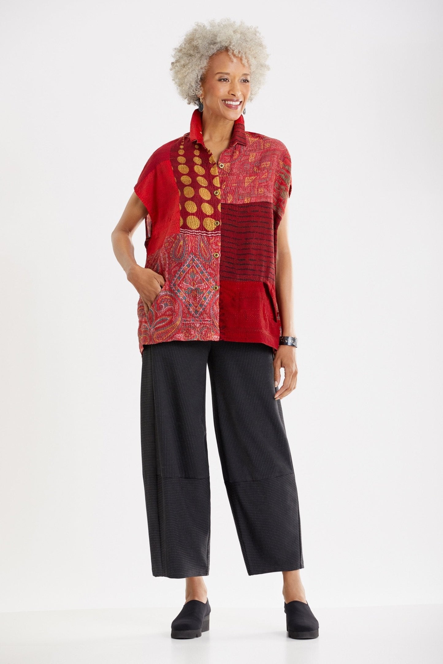 GEORGETTE VINTAGE SILK PATCH KANTHA CAP SLV. SHIRT - gs2530-red -