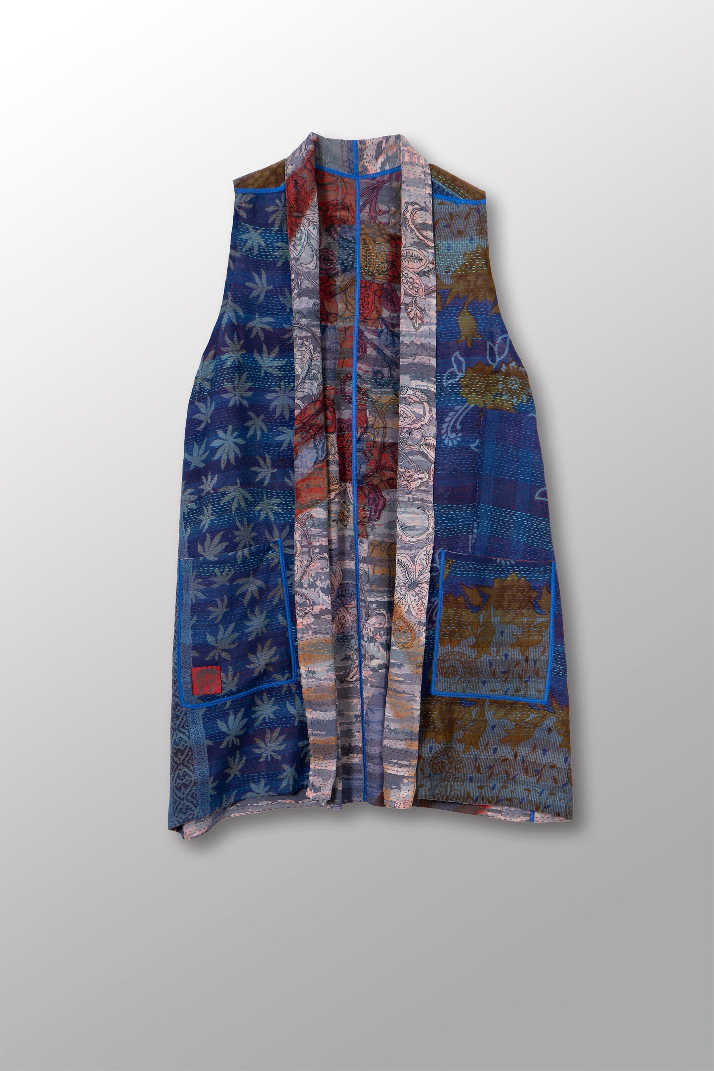 VINTAGE SILK GEORGETTE COTTON KANTHA KIMONO VEST - gc2247-0001m -