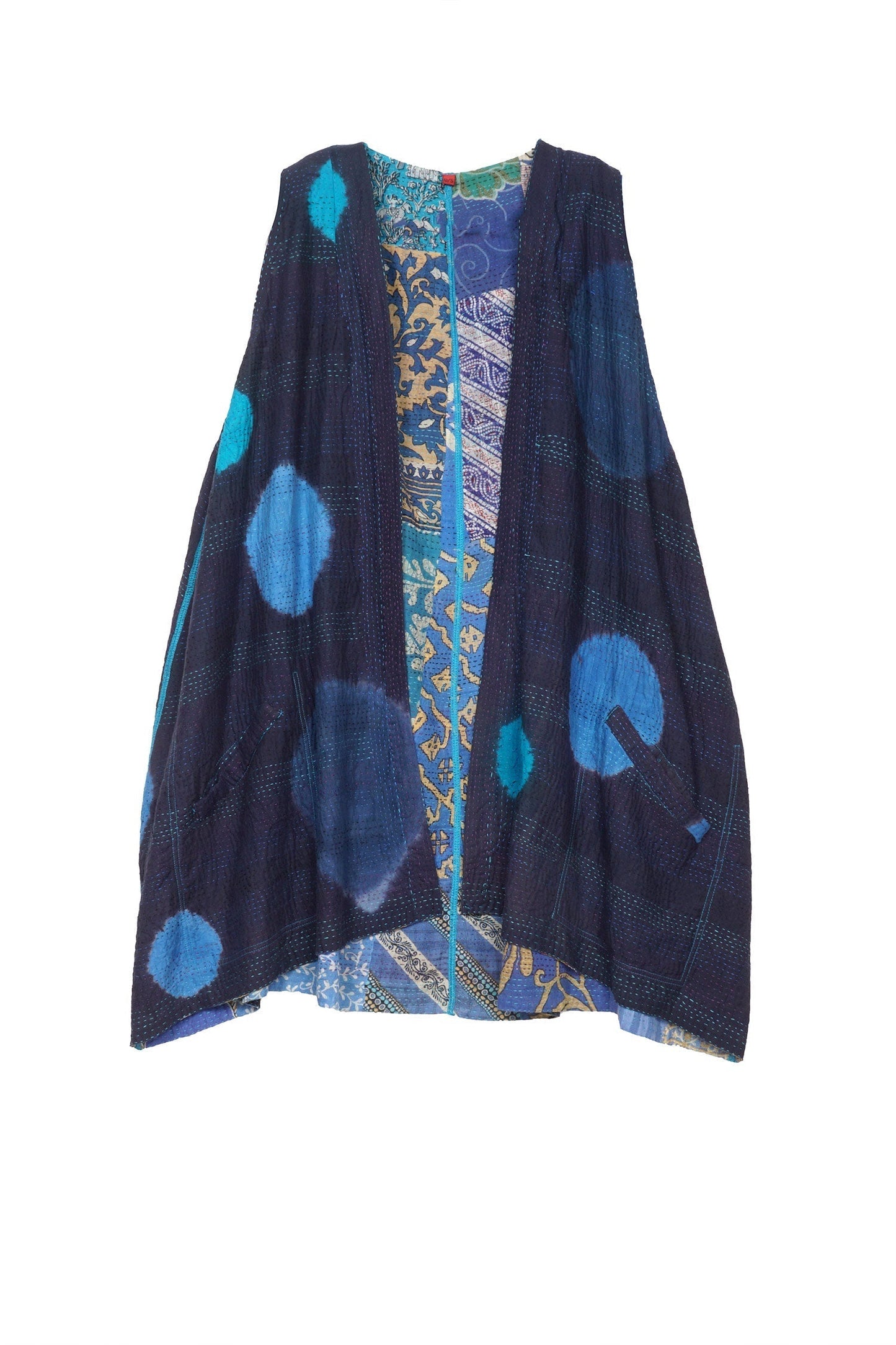 PATCH & CIRCLE PRINT KANTHA BELL SHAPE LONG VEST - pc2225-blu -