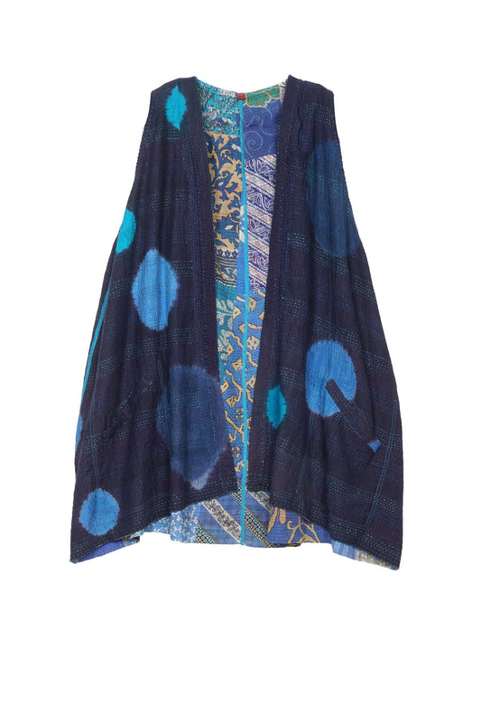 PATCH & CIRCLE PRINT KANTHA BELL SHAPE LONG VEST - pc2225-blu -