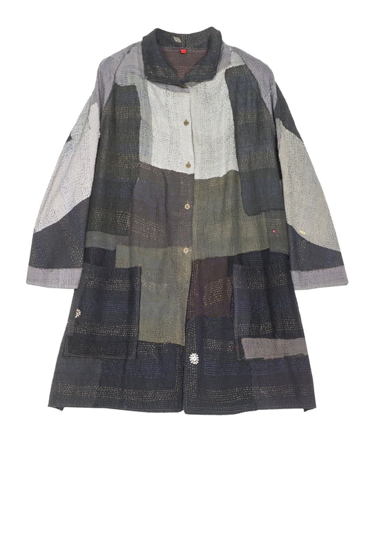 LANDSCAPE FRAYED PATCH KANTHA BACK TUCKED TUNIC - lf2513-blk -