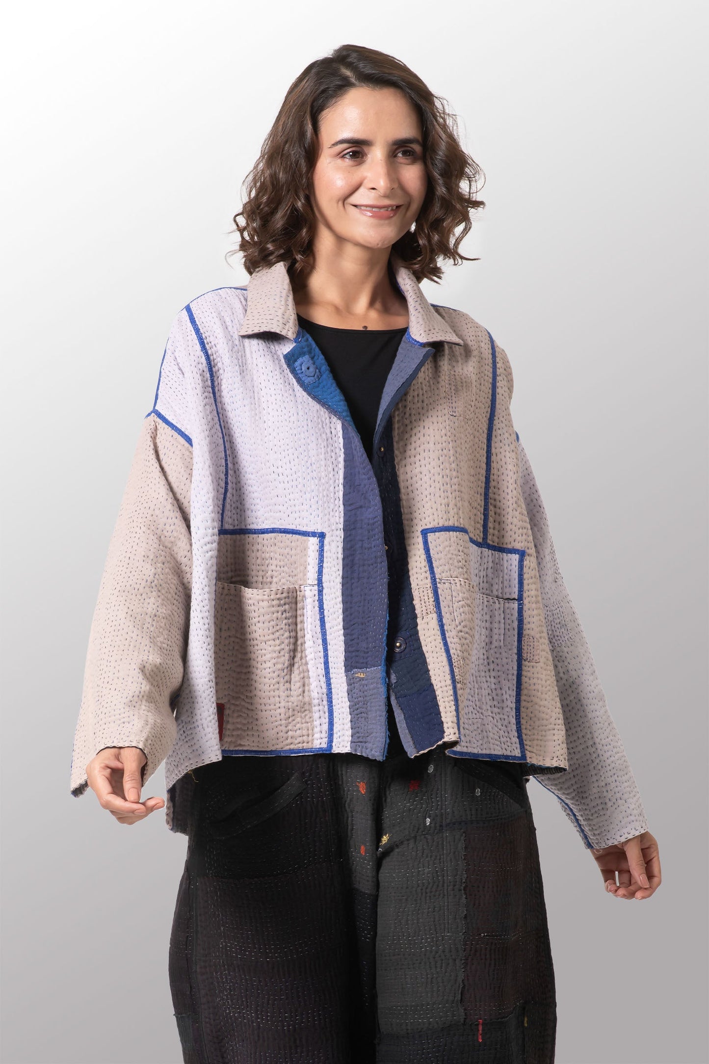 COTTON STRIPE PATCH KANTHA CROPPED SHIRT JACKET - cs4075-blu -