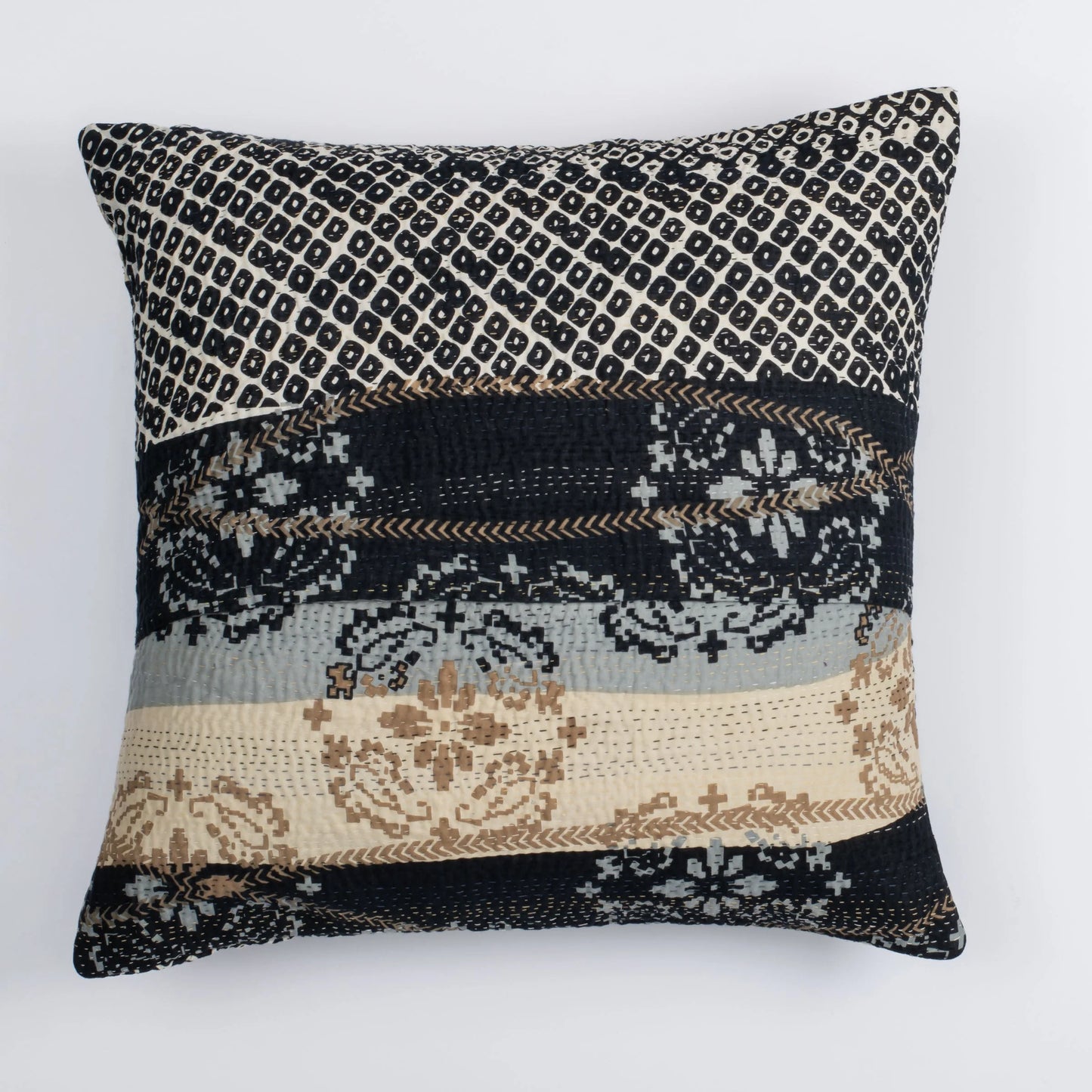 Kimono Cotton Kantha Pillow Sham -Black -