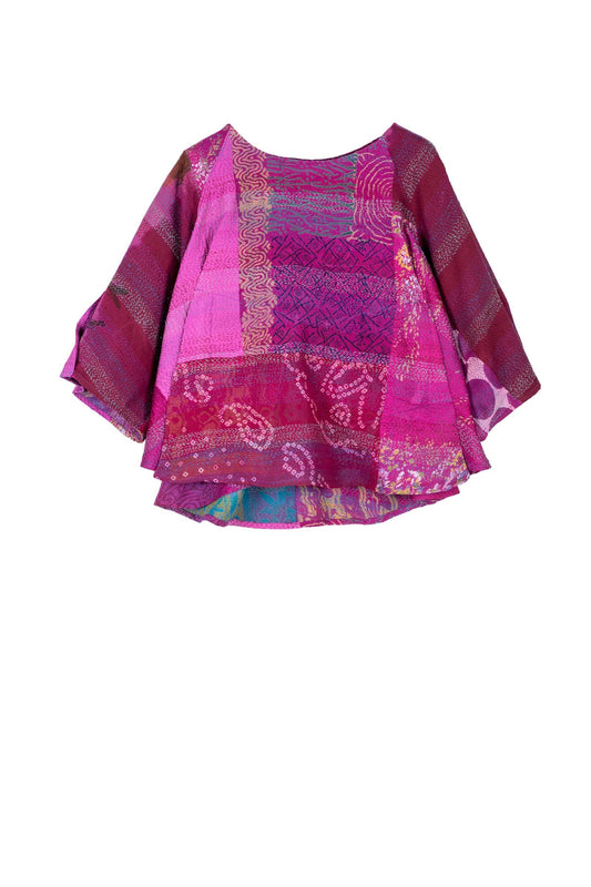 GEORGETTE VINTAGE SILK PATCH KANTHA PUFF SLV. FLARE SHORT TOP - gs2544-pik -