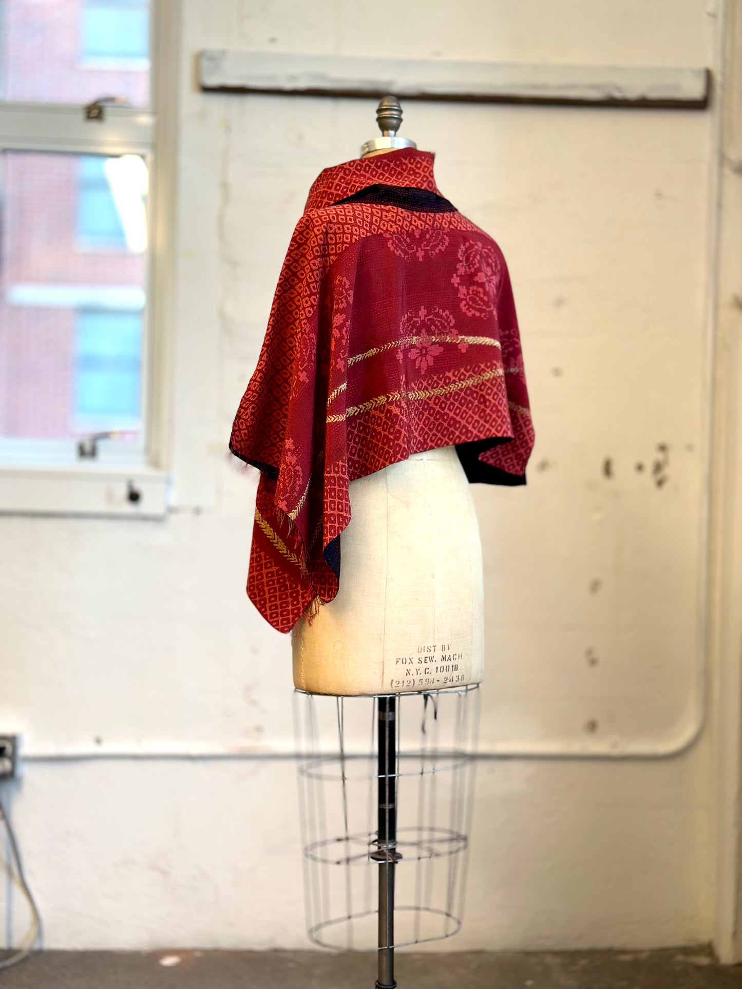 KIMONO PRINT KANTHA COWL NECK CAPE - kp2807-red -