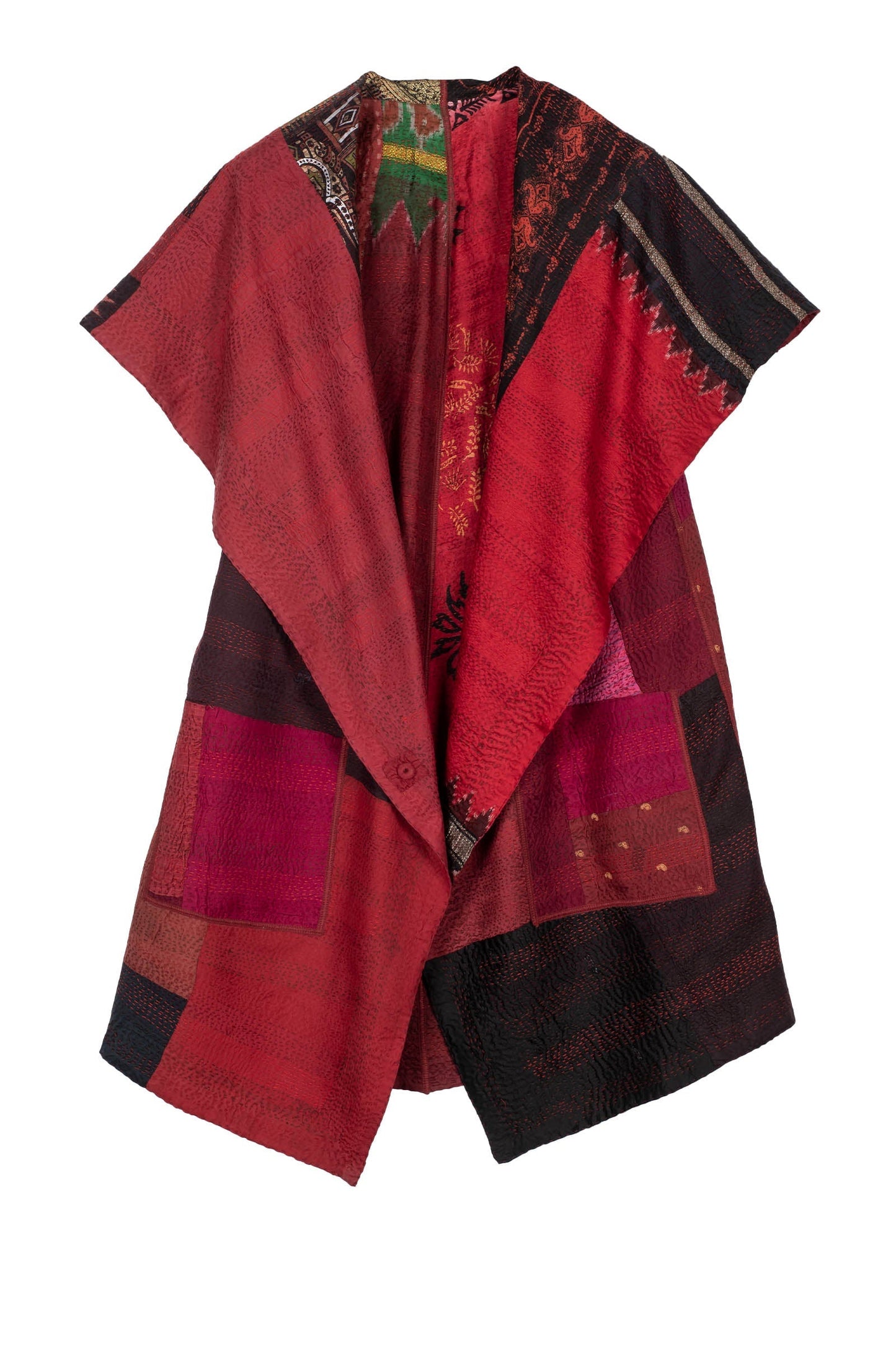 VINTAGE SILK PATCH KANTHA CIRCULAR VEST - vp2201-red -